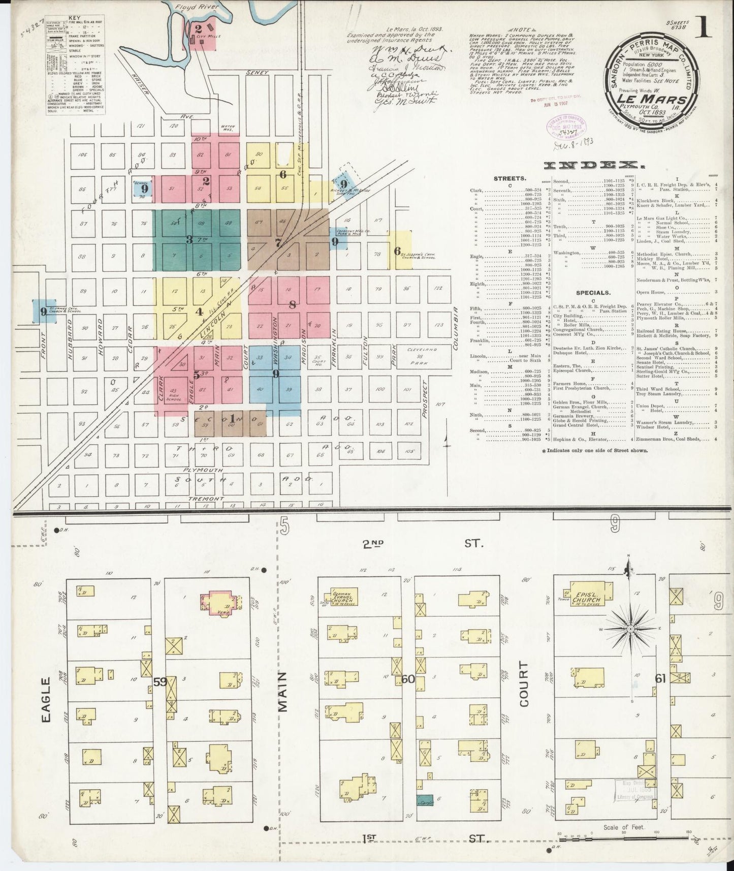 Sanborn Fire Insurance Map from Le Mars, Plymouth County, Iowa (1893), Sheet #0001 - Historic Sanborn Fire Insurance Map Print, vintage old map wall art