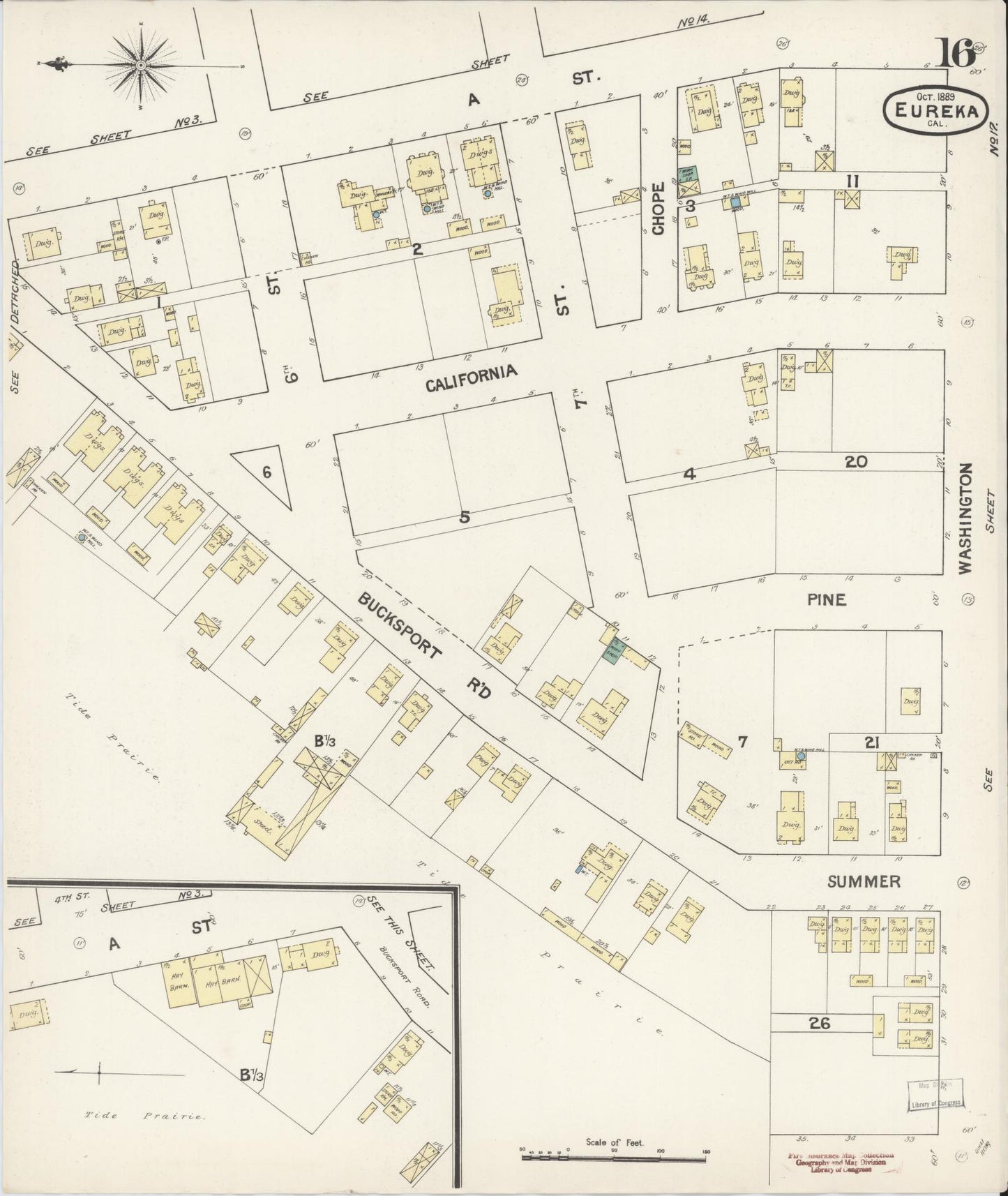 Sanborn Fire Insurance Map from Eureka, Humboldt County, California (1889), Sheet #0016 - Historic Sanborn Fire Insurance Map Print, vintage old map wall art, antique decor, genealogy gift, California California map