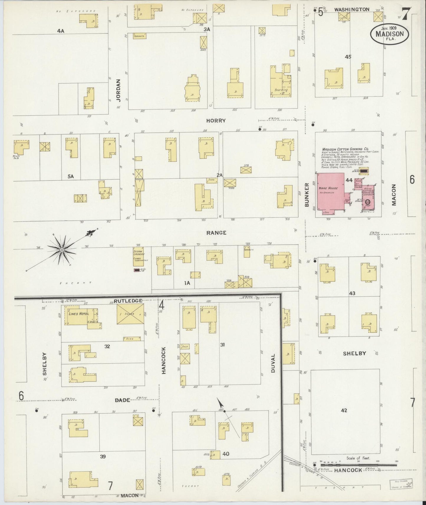 Sanborn Fire Insurance Map from Madison, Madison County, Florida (1909), Sheet #0007 - Historic Sanborn Fire Insurance Map Print, vintage old map wall art, antique decor, genealogy gift, Florida Florida map