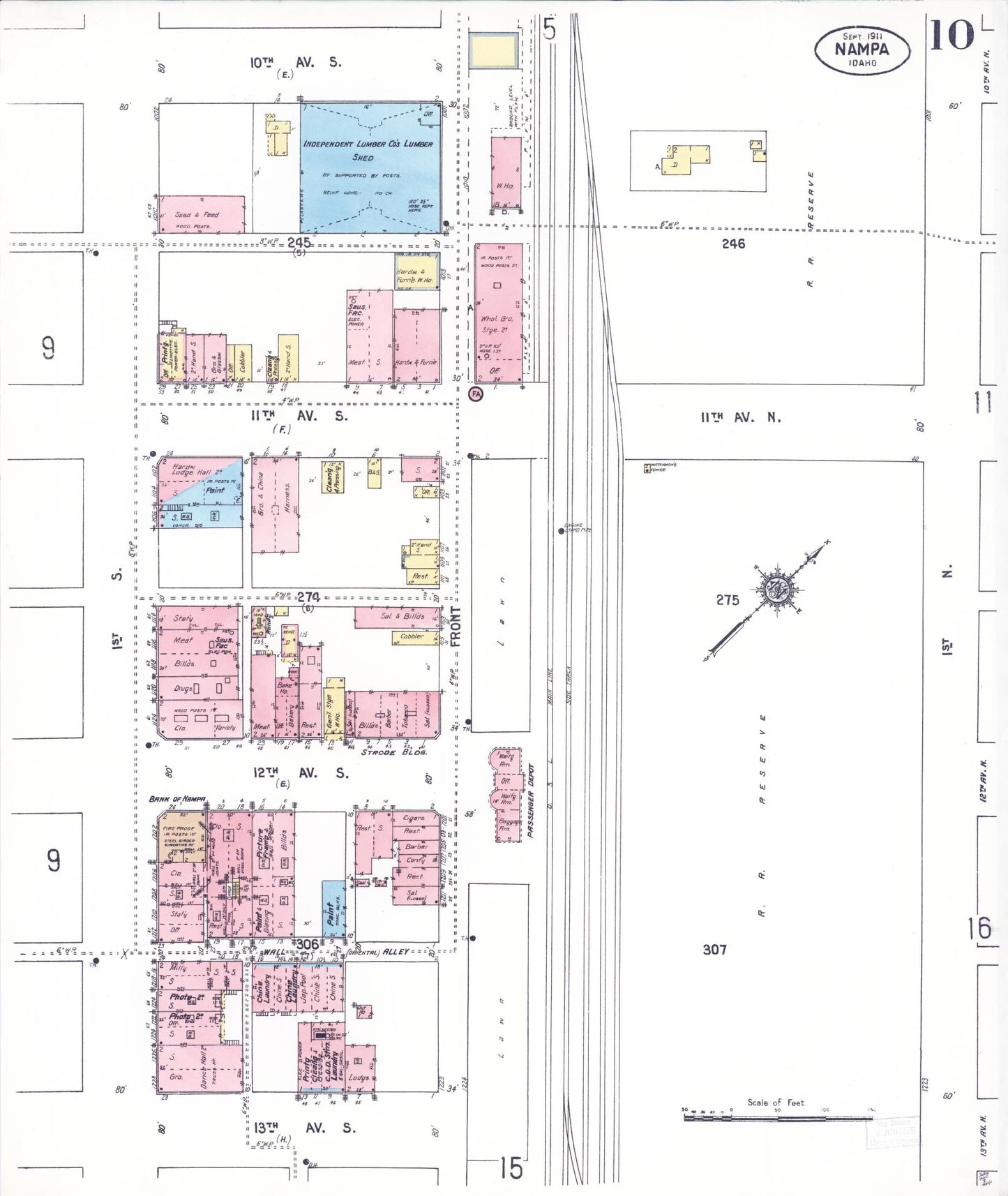 Sanborn Fire Insurance Map from Nampa, Canyon County, Idaho (1911), Sheet #0010 - Historic Sanborn Fire Insurance Map Print, vintage old map wall art, antique decor, genealogy gift, Idaho Idaho map
