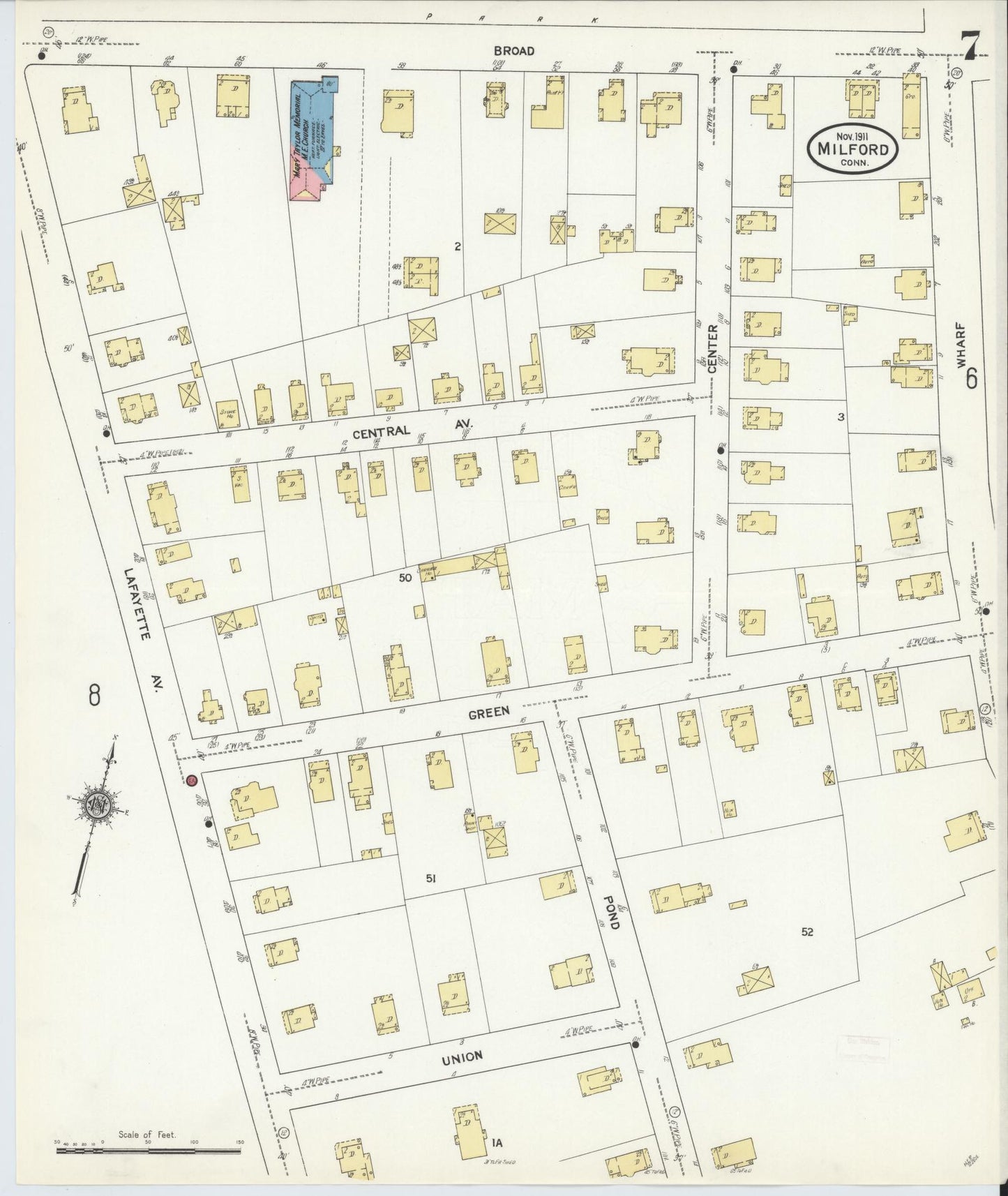 Sanborn Fire Insurance Map from Milford, New Haven County, Connecticut (1911), Sheet #0007 - Historic Sanborn Fire Insurance Map Print, vintage old map wall art, antique decor, genealogy gift, Connecticut Connecticut map