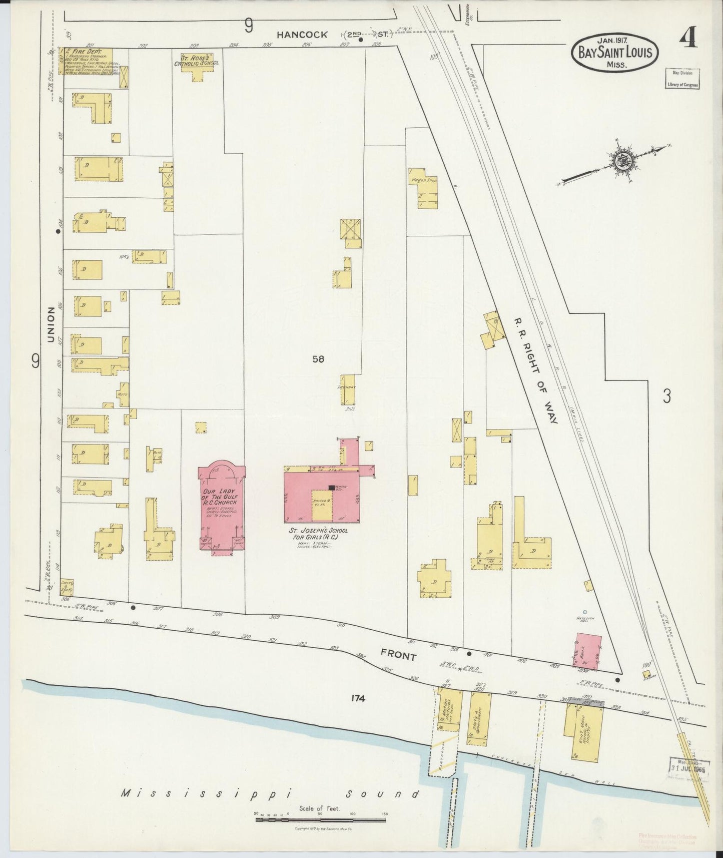 Sanborn Fire Insurance Map from Bay Saint Louis, Hancock County, Mississippi (1917), Sheet #0004 - Historic Sanborn Fire Insurance Map Print, vintage old map wall art, antique decor, genealogy gift, Mississippi Mississippi map