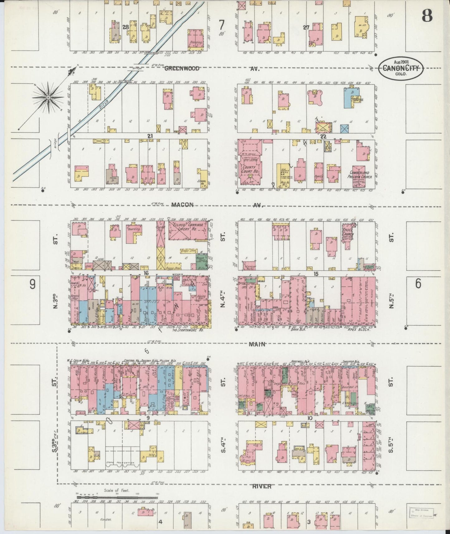Sanborn Fire Insurance Map from Canon City, Fremont County, Colorado (1901), Sheet #0008 - Historic Sanborn Fire Insurance Map Print, vintage old map wall art, antique decor, genealogy gift, Colorado Colorado map