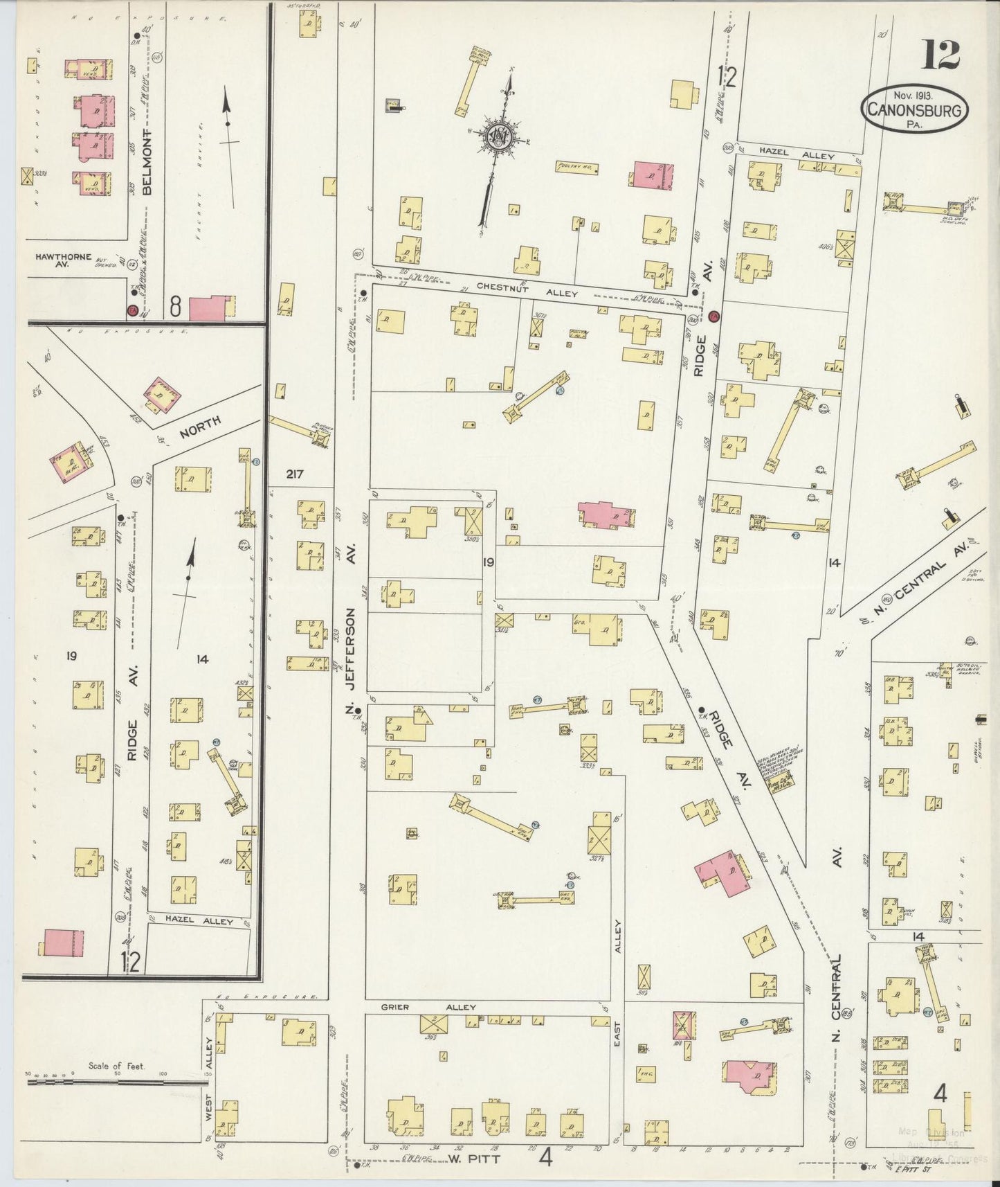Sanborn Fire Insurance Map from Canonsburg, Washington County, Pennsylvania (1913), Sheet #0012 - Historic Sanborn Fire Insurance Map Print, vintage old map wall art, antique decor, genealogy gift, Pennsylvania Pennsylvania map