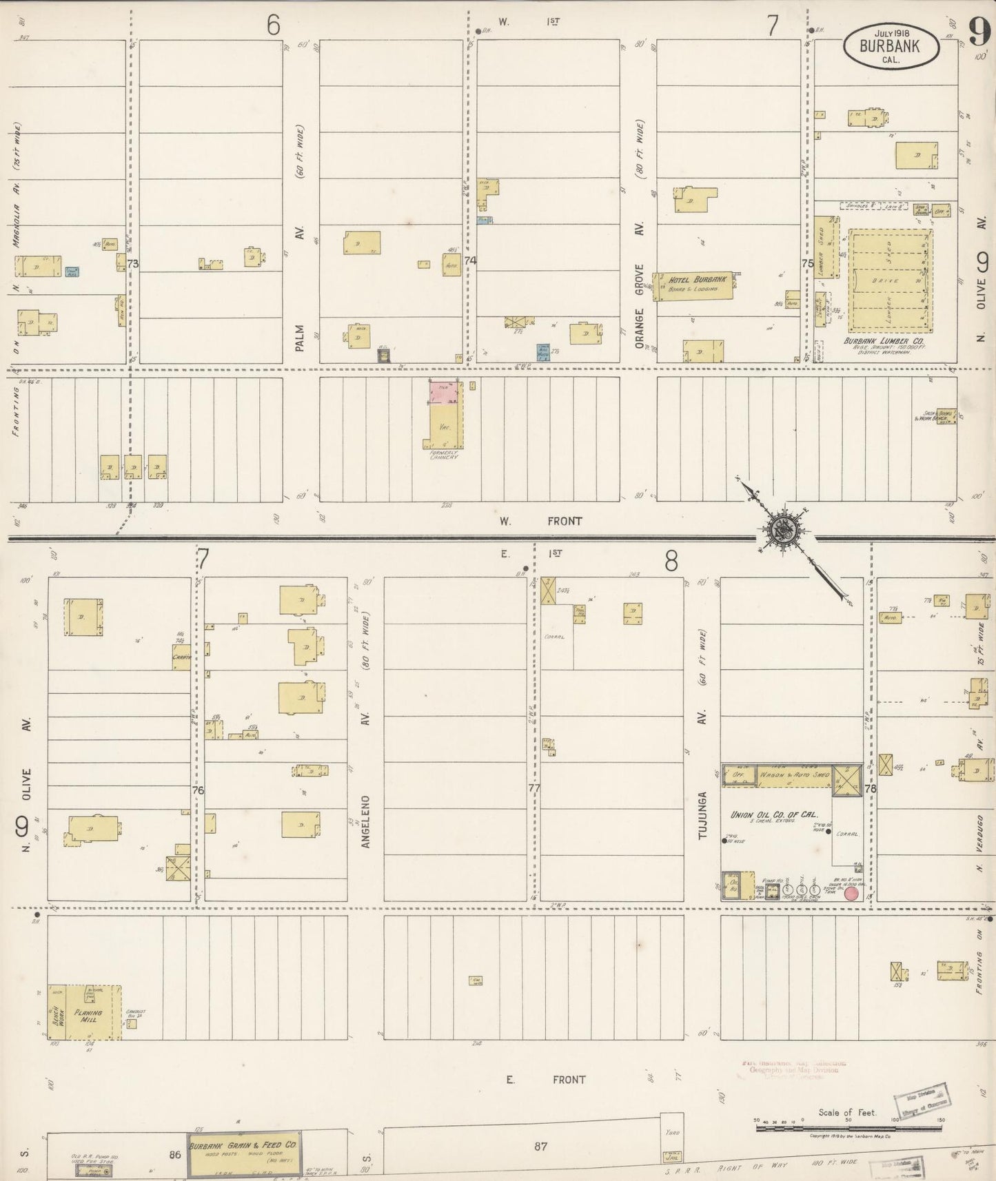 Sanborn Fire Insurance Map from Burbank, Los Angeles County, California (1918), Sheet #0009 - Historic Sanborn Fire Insurance Map Print, vintage old map wall art, antique decor, genealogy gift, California California map