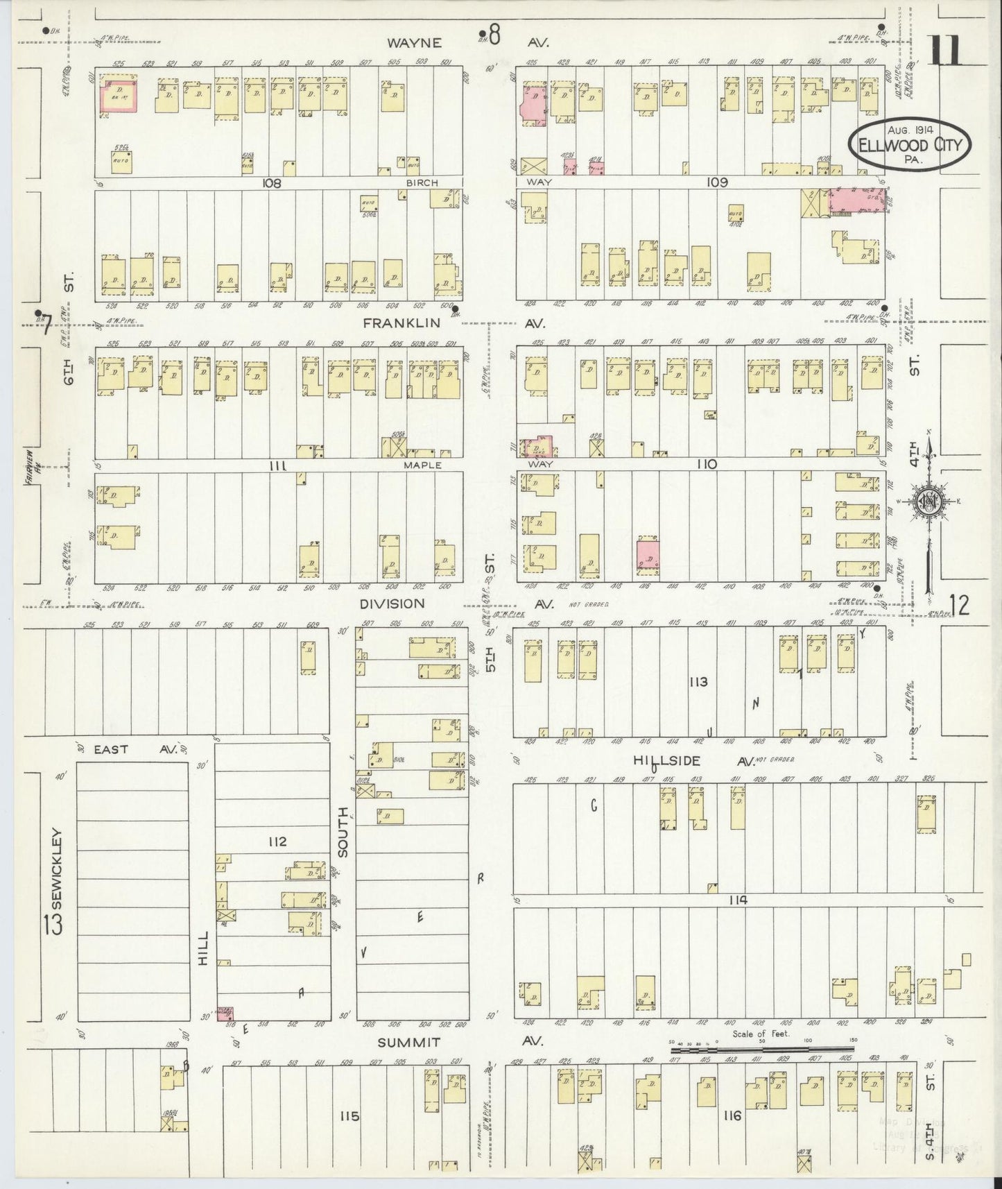 Sanborn Fire Insurance Map from Ellwood City, Lawrence County, Pennsylvania (1914), Sheet #0011 - Historic Sanborn Fire Insurance Map Print, vintage old map wall art, antique decor, genealogy gift, Pennsylvania Pennsylvania map