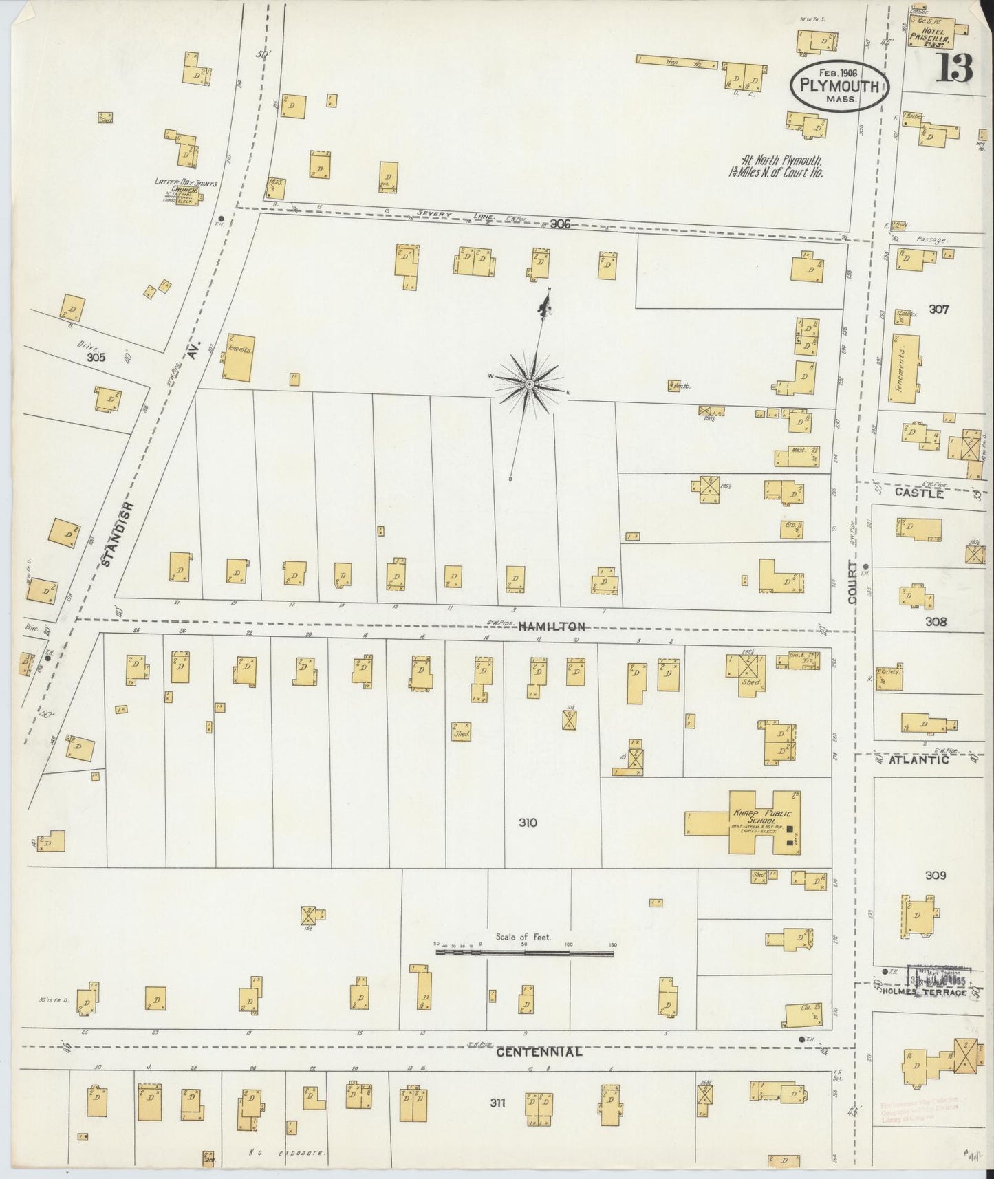 Sanborn Fire Insurance Map from Plymouth, Plymouth County, Massachusetts (1906), Sheet #0013 - Historic Sanborn Fire Insurance Map Print, vintage old map wall art, antique decor, genealogy gift, Massachusetts Massachusetts map