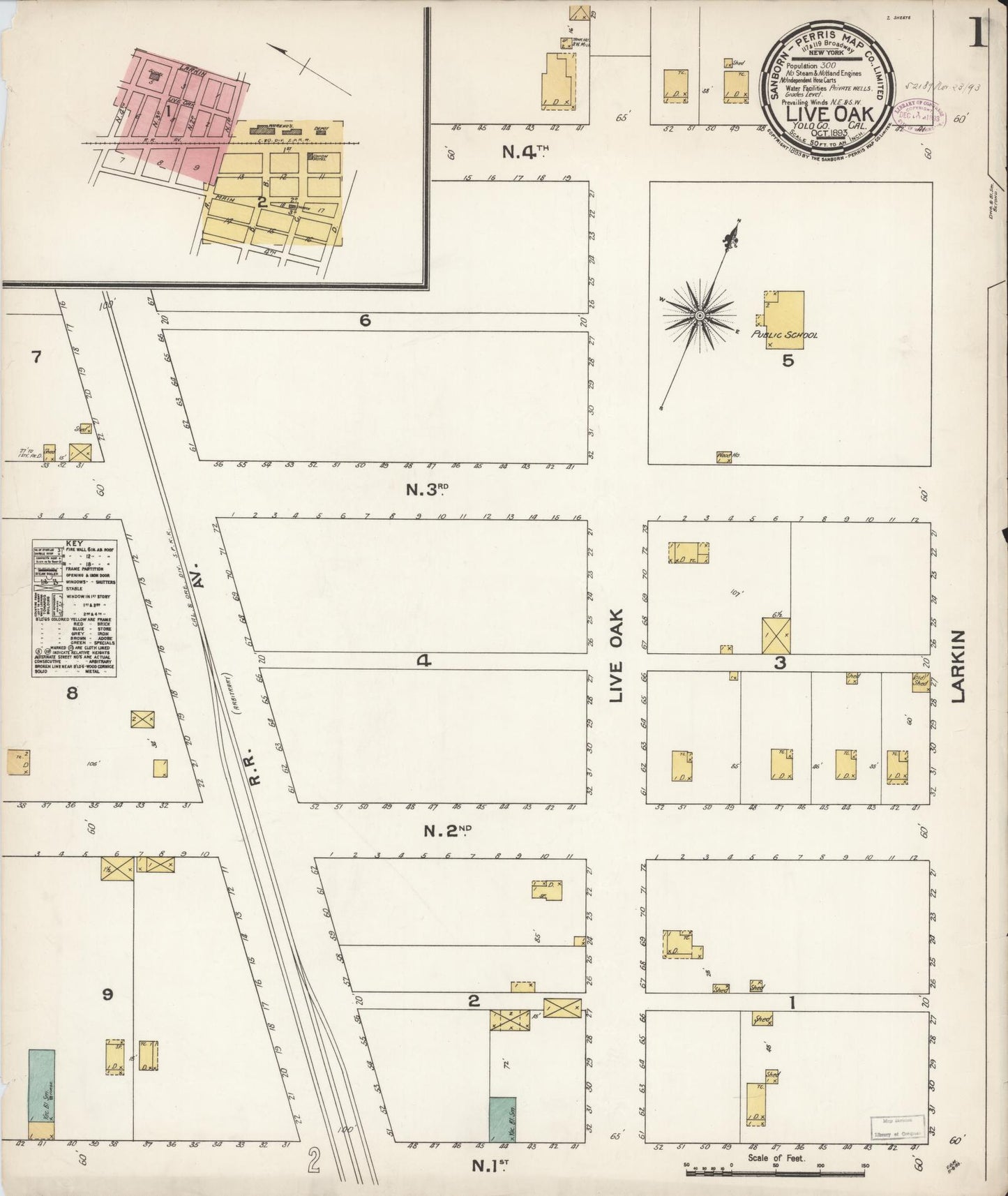 Sanborn Fire Insurance Map from Live Oak, Sutter County, California (1893), Sheet #0001 - Historic Sanborn Fire Insurance Map Print, vintage old map wall art, antique decor, genealogy gift, California California map