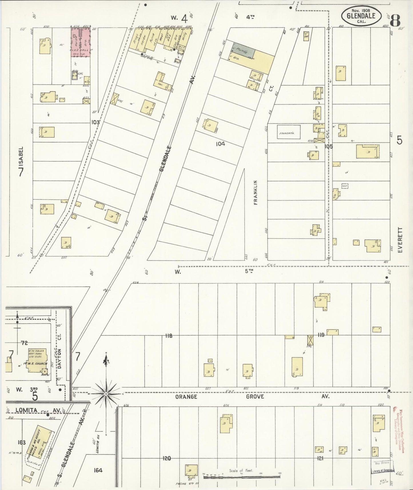 Sanborn Fire Insurance Map from Glendale, Los Angeles County, California (1908), Sheet #0008 - Historic Sanborn Fire Insurance Map Print, vintage old map wall art, antique decor, genealogy gift, California California map