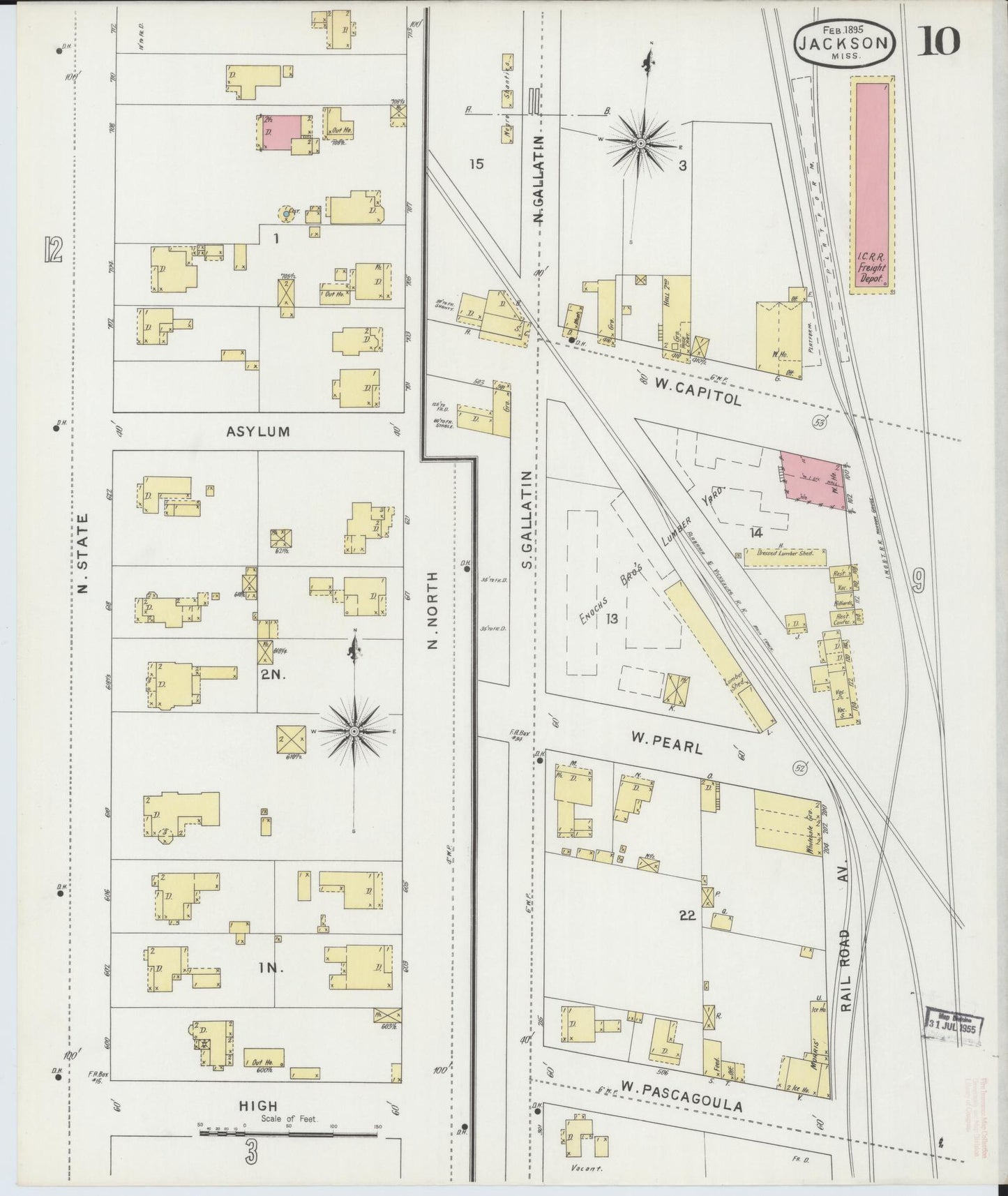 Sanborn Fire Insurance Map from Jackson, Hinds County, Mississippi (1895), Sheet #0010 - Historic Sanborn Fire Insurance Map Print, vintage old map wall art, antique decor, genealogy gift, Mississippi Mississippi map