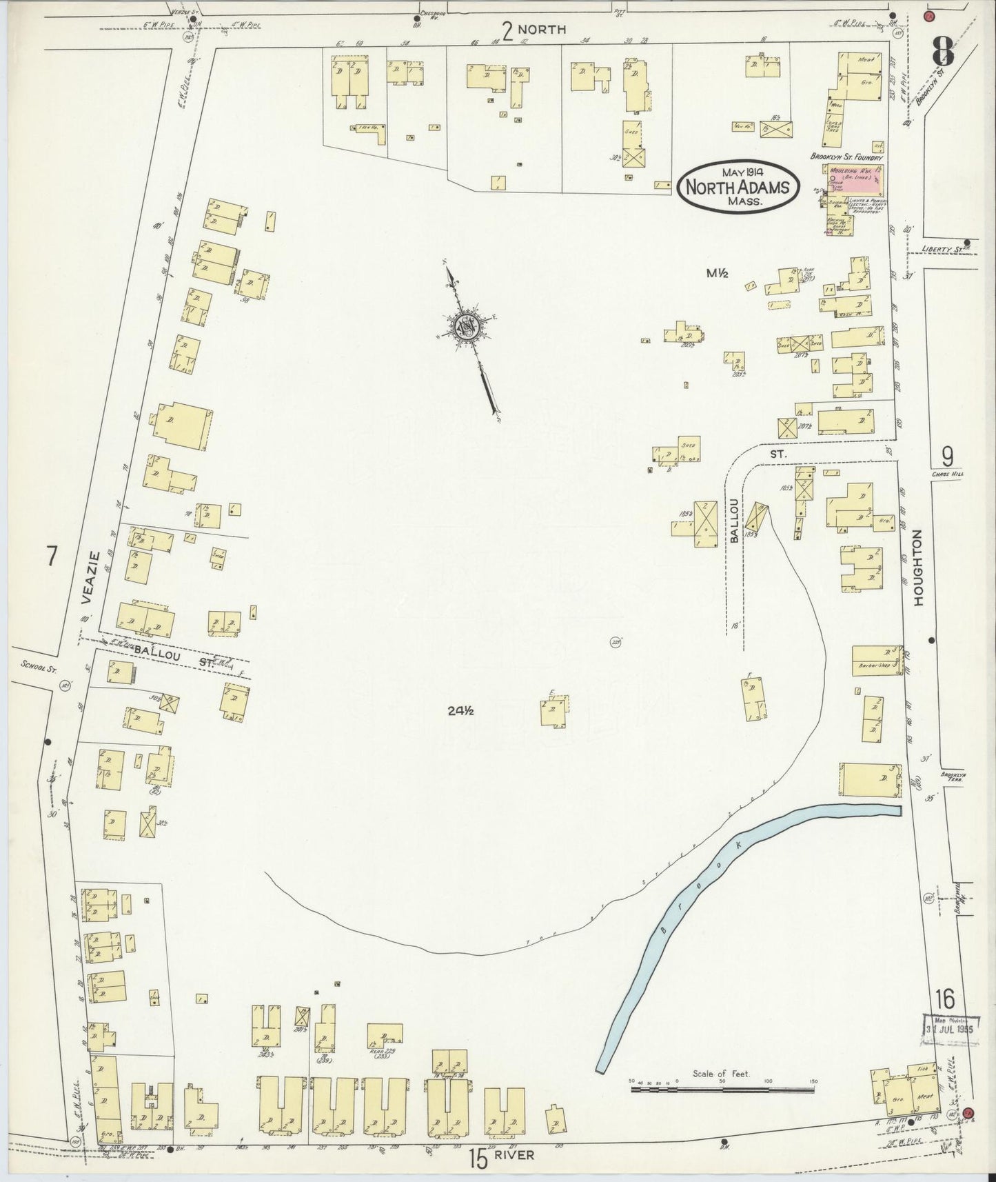 Sanborn Fire Insurance Map from North Adams, Berkshire County, Massachusetts (1914), Sheet #0008 - Historic Sanborn Fire Insurance Map Print, vintage old map wall art, antique decor, genealogy gift, Massachusetts Massachusetts map