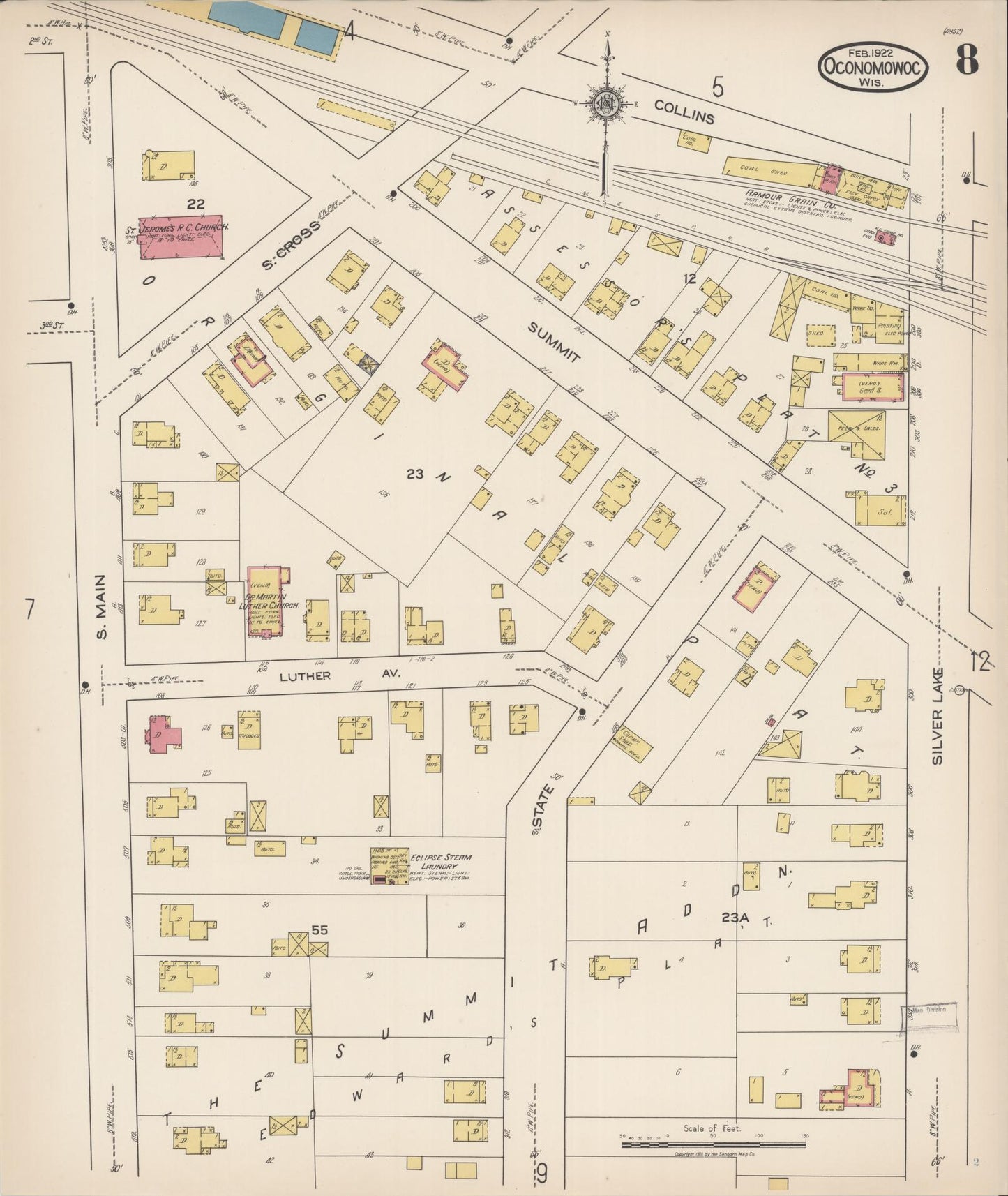 Sanborn Fire Insurance Map from Oconomowoc, Waukesha County, Wisconsin (1922), Sheet #0008 - Historic Sanborn Fire Insurance Map Print, vintage old map wall art, antique decor, genealogy gift, Wisconsin Wisconsin map