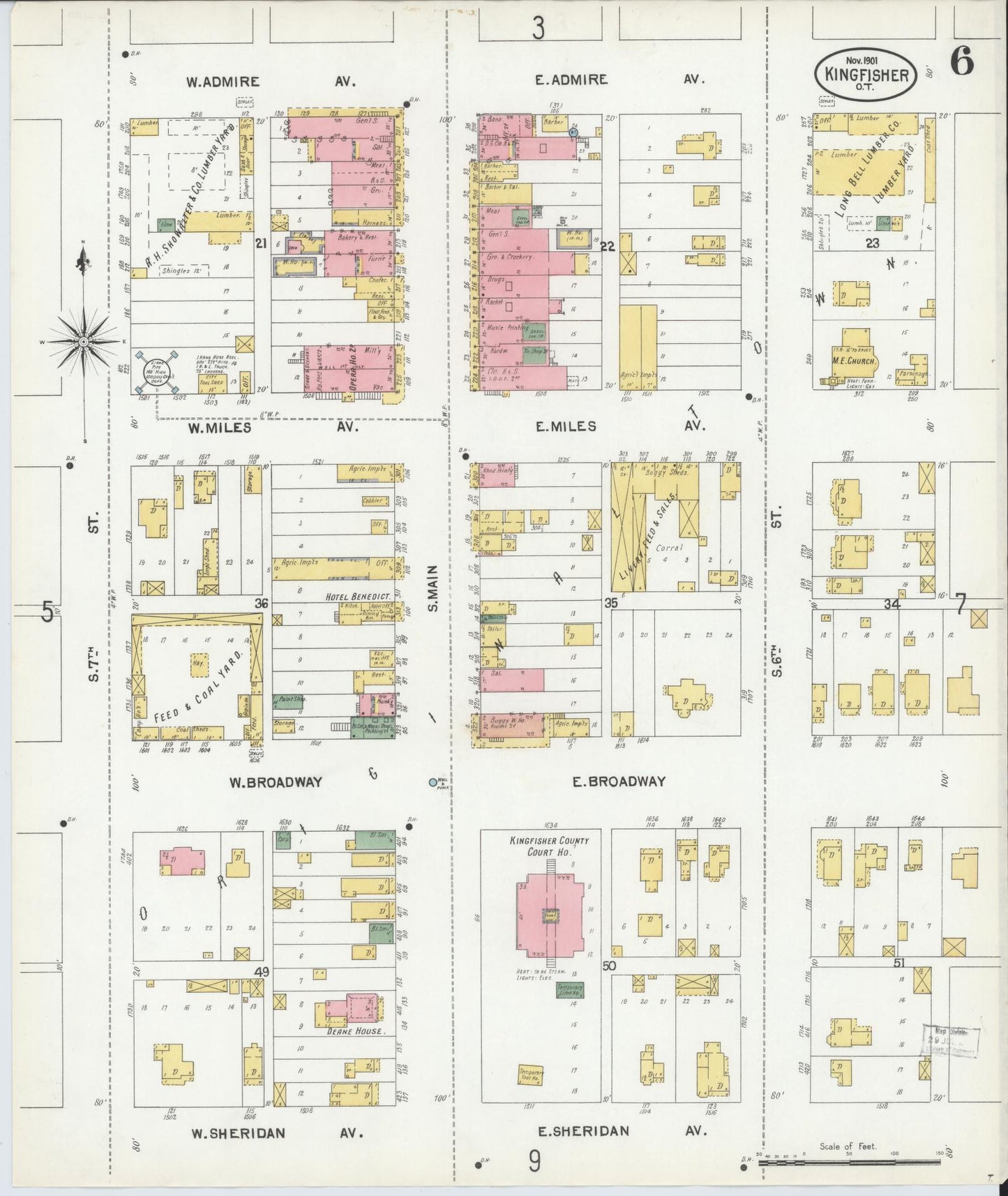 Sanborn Fire Insurance Map from Kingfisher, Kingfisher County, Oklahoma (1901), Sheet #0006 - Historic Sanborn Fire Insurance Map Print, vintage old map wall art, antique decor, genealogy gift, Oklahoma Oklahoma map