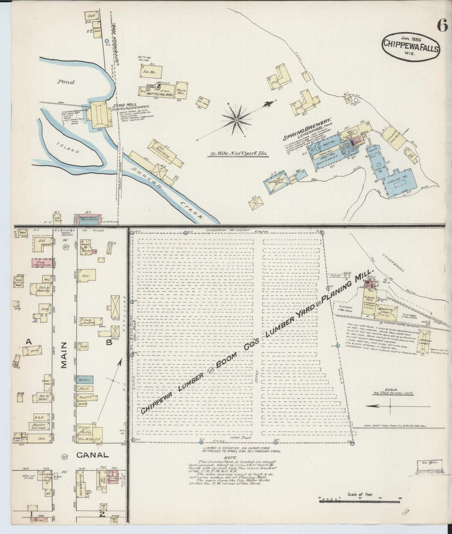Sanborn Fire Insurance Map from Chippewa Falls, Chippewa County, Wisconsin (1886), Sheet #0006 - Historic Sanborn Fire Insurance Map Print, vintage old map wall art, antique decor, genealogy gift, Wisconsin Wisconsin map