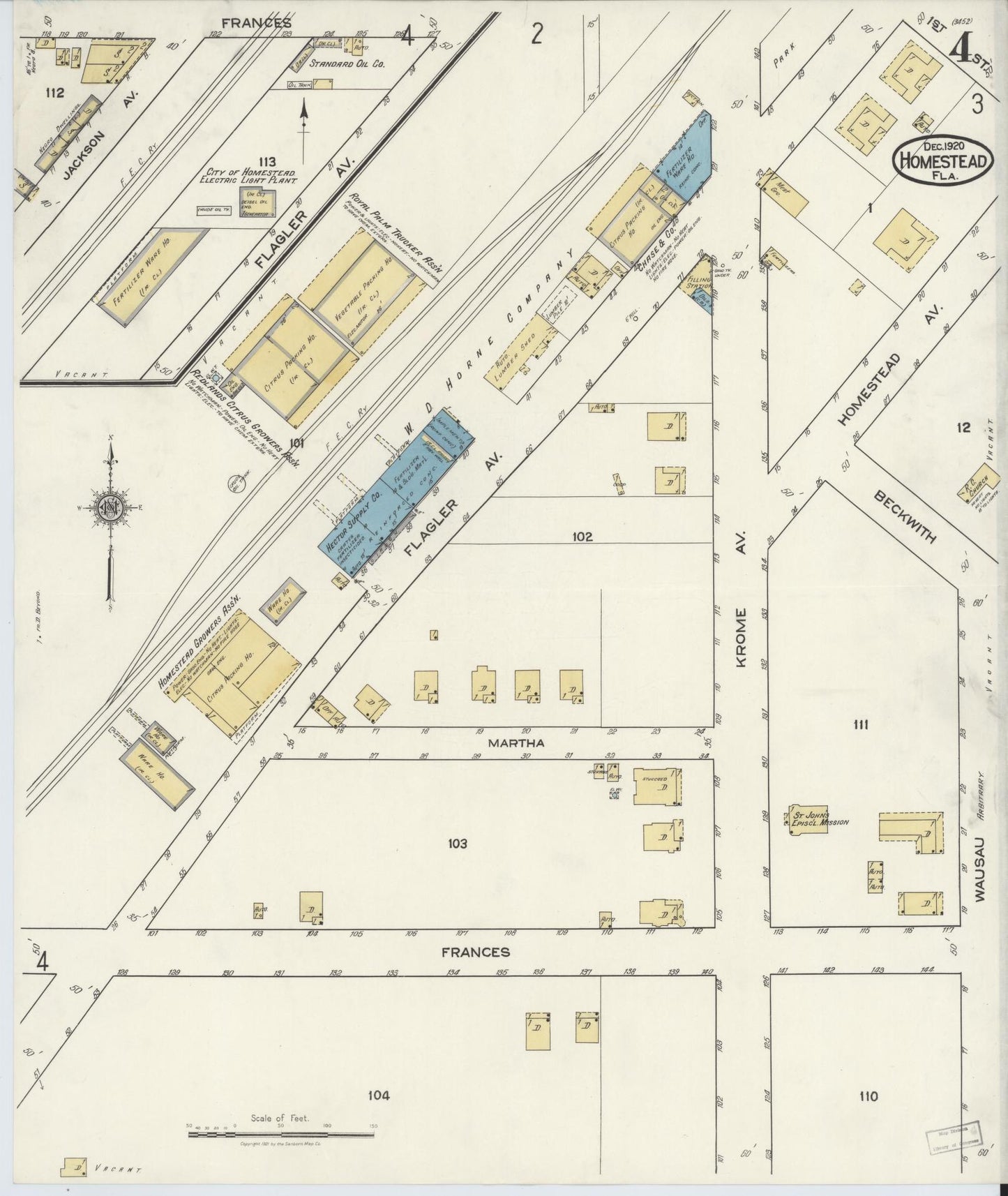 Sanborn Fire Insurance Map from Holmestead, Dade County, Florida (1920), Sheet #0004 - Complete Map Set gallery image, historic Sanborn map, vintage wall art, Florida Florida
