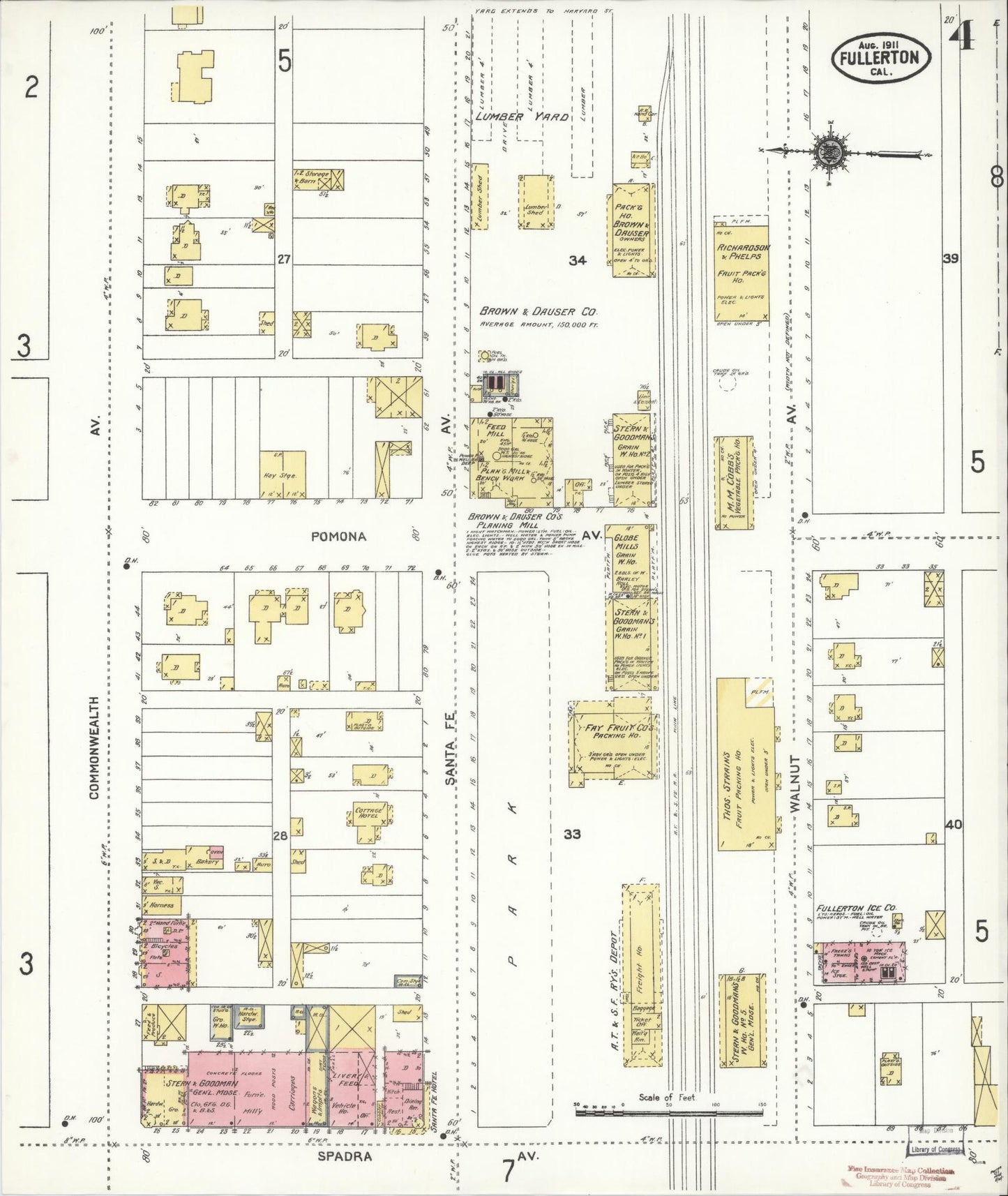 Sanborn Fire Insurance Map from Fullerton, Orange County, California (1911), Sheet #0004 - Historic Sanborn Fire Insurance Map Print, vintage old map wall art, antique decor, genealogy gift, California California map