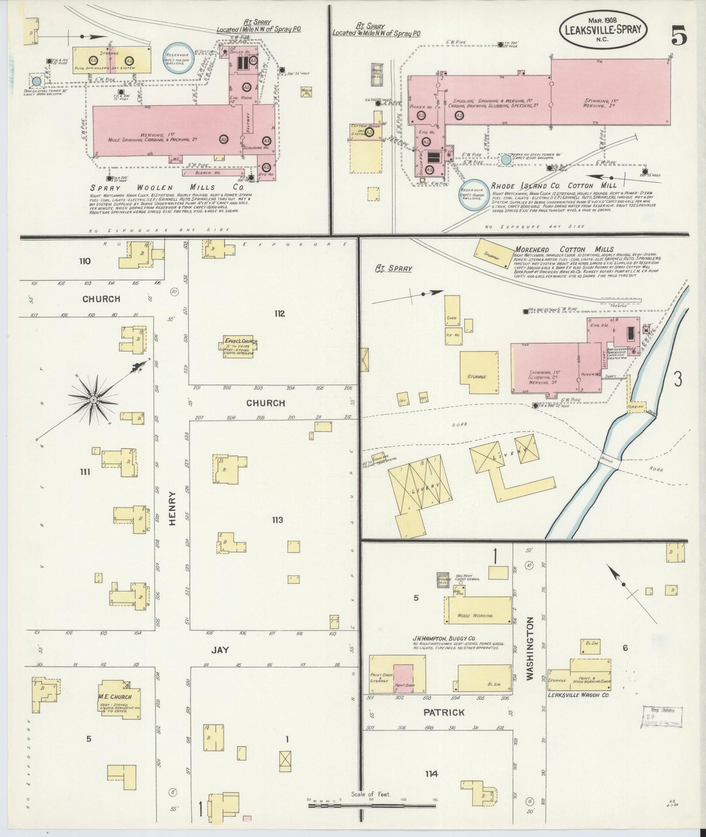 Sanborn Fire Insurance Map from Leaksville-spray, Rockingham County, North Carolina (1908), Sheet #0005 - Historic Sanborn Fire Insurance Map Print, vintage old map wall art, antique decor, genealogy gift, North Carolina North Carolina map