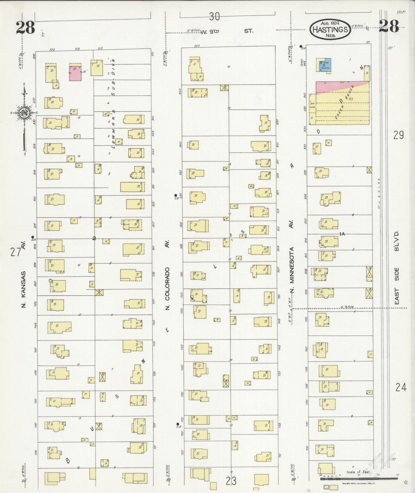 Sanborn Fire Insurance Map from Hastings, Adams County, Nebraska (1924), Sheet #0028 - Historic Sanborn Fire Insurance Map Print, vintage old map wall art, antique decor, genealogy gift, Nebraska Nebraska map