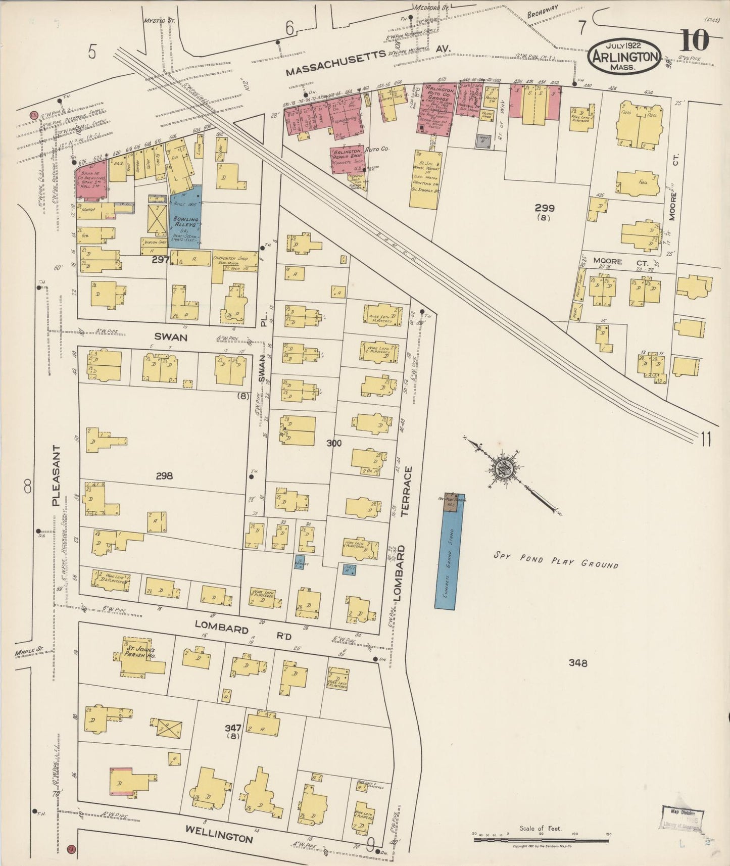 Sanborn Fire Insurance Map from Arlington, Middlesex County, Massachusetts (1922), Sheet #0010 - Historic Sanborn Fire Insurance Map Print, vintage old map wall art, antique decor, genealogy gift, Massachusetts Massachusetts map