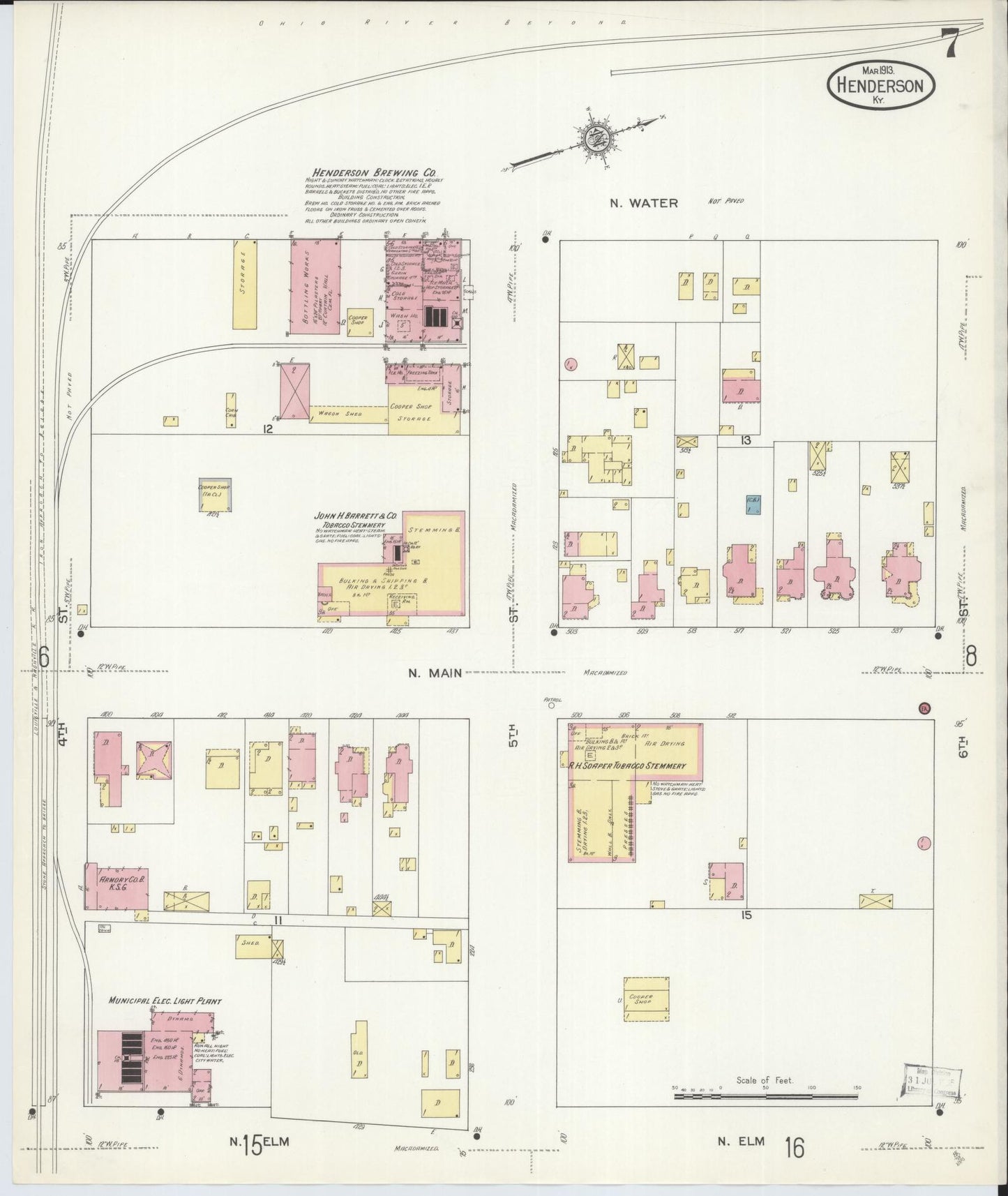Sanborn Fire Insurance Map from Henderson, Henderson County, Kentucky (1913), Sheet #0007 - Historic Sanborn Fire Insurance Map Print, vintage old map wall art, antique decor, genealogy gift, Kentucky Kentucky map