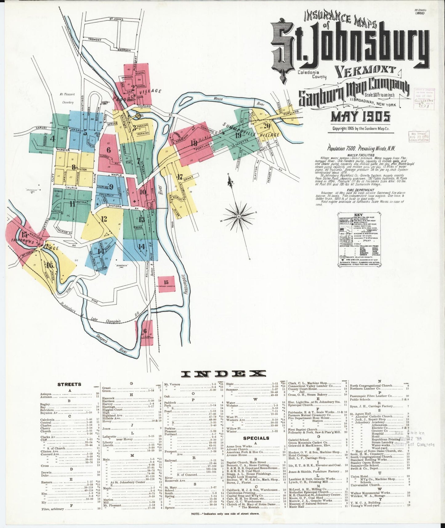 Sanborn Fire Insurance Map from Saint Johnsbury, Caledonia County, Vermont (1905), Sheet #0001 - Historic Sanborn Fire Insurance Map Print, vintage old map wall art, antique decor, genealogy gift, Vermont Vermont map