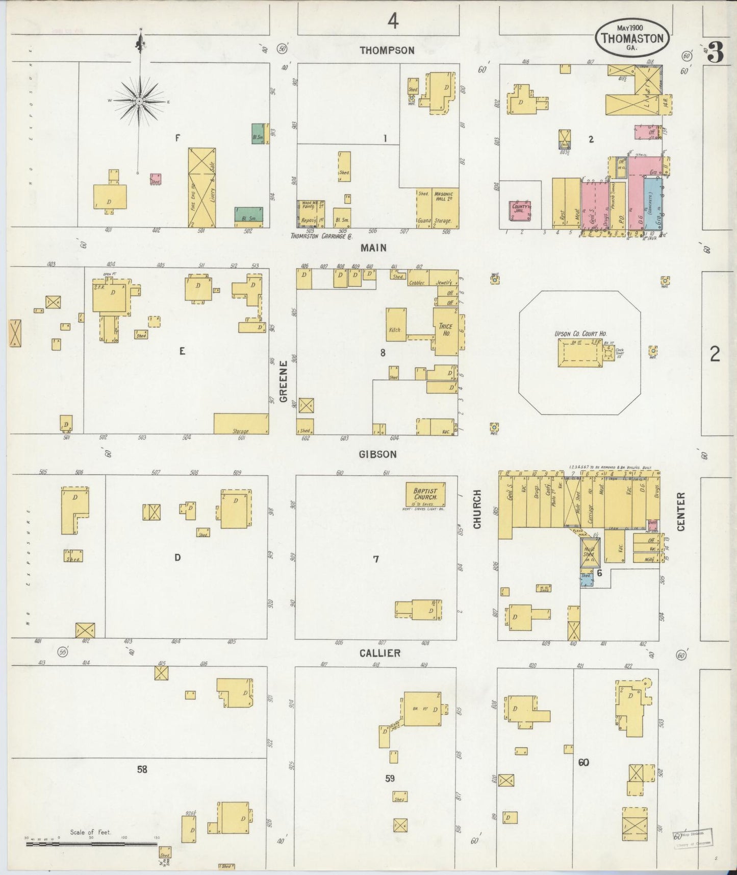 Sanborn Fire Insurance Map from Thomaston, Upson County, Georgia (1900), Sheet #0003 - Historic Sanborn Fire Insurance Map Print, vintage old map wall art, antique decor, genealogy gift, Georgia Georgia map