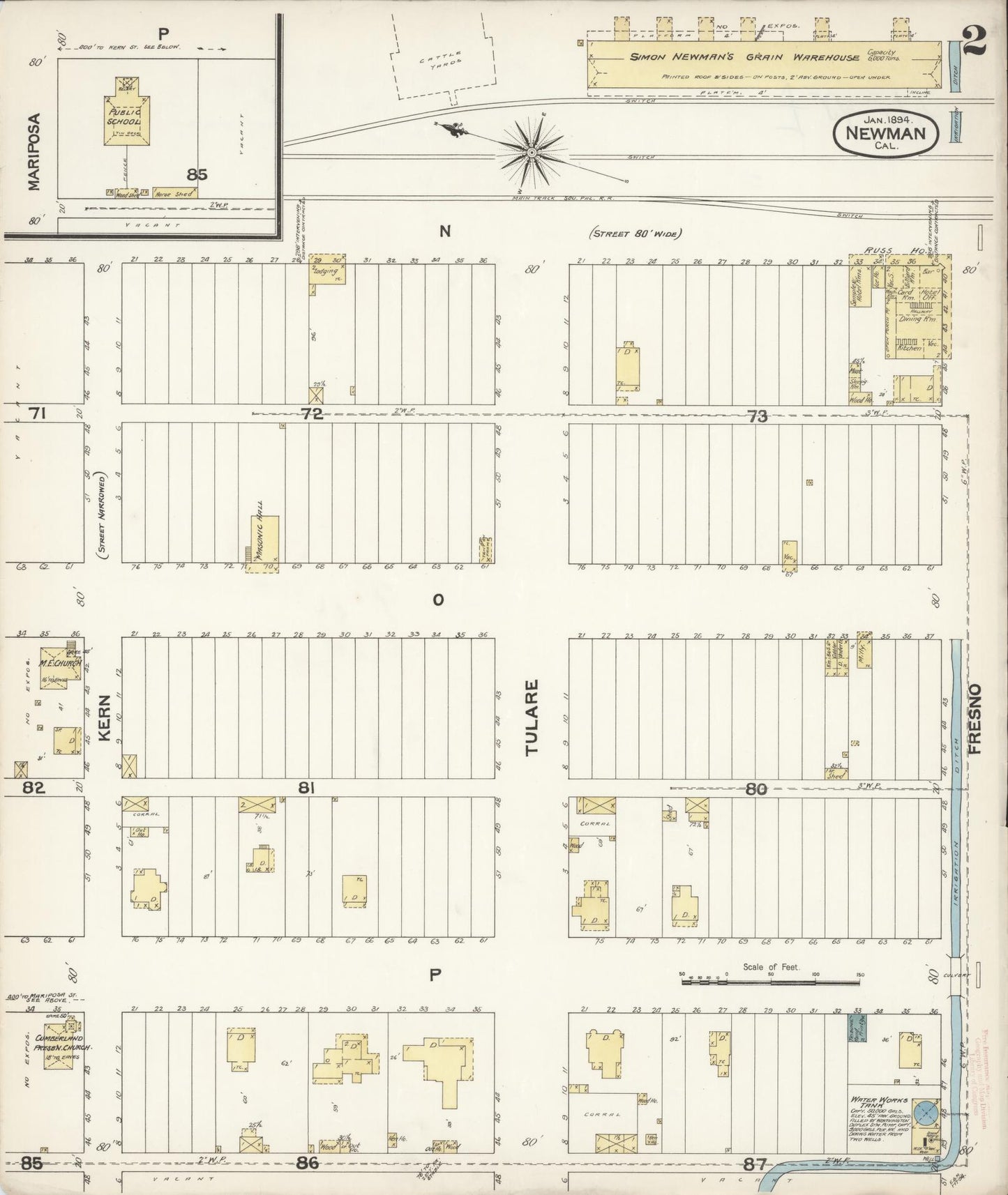 Sanborn Fire Insurance Map from Newman, Stanislaus County, California (1894), Sheet #0002 - Historic Sanborn Fire Insurance Map Print, vintage old map wall art, antique decor, genealogy gift, California California map