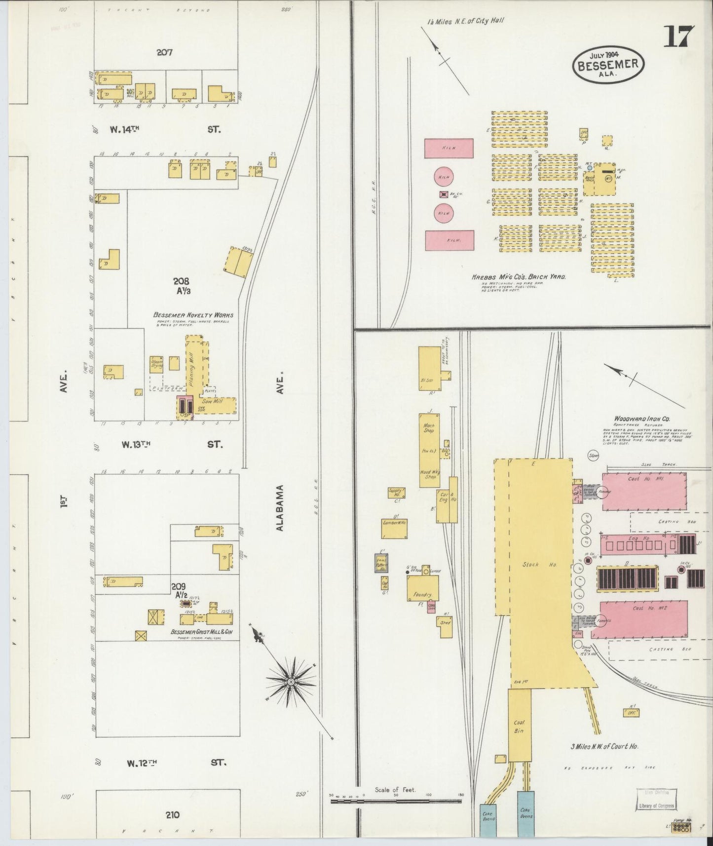 Sanborn Fire Insurance Map from Bessemer, Jefferson County, Alabama (1904), Sheet #0017 - Historic Sanborn Fire Insurance Map Print, vintage old map wall art, antique decor, genealogy gift, Alabama Alabama map