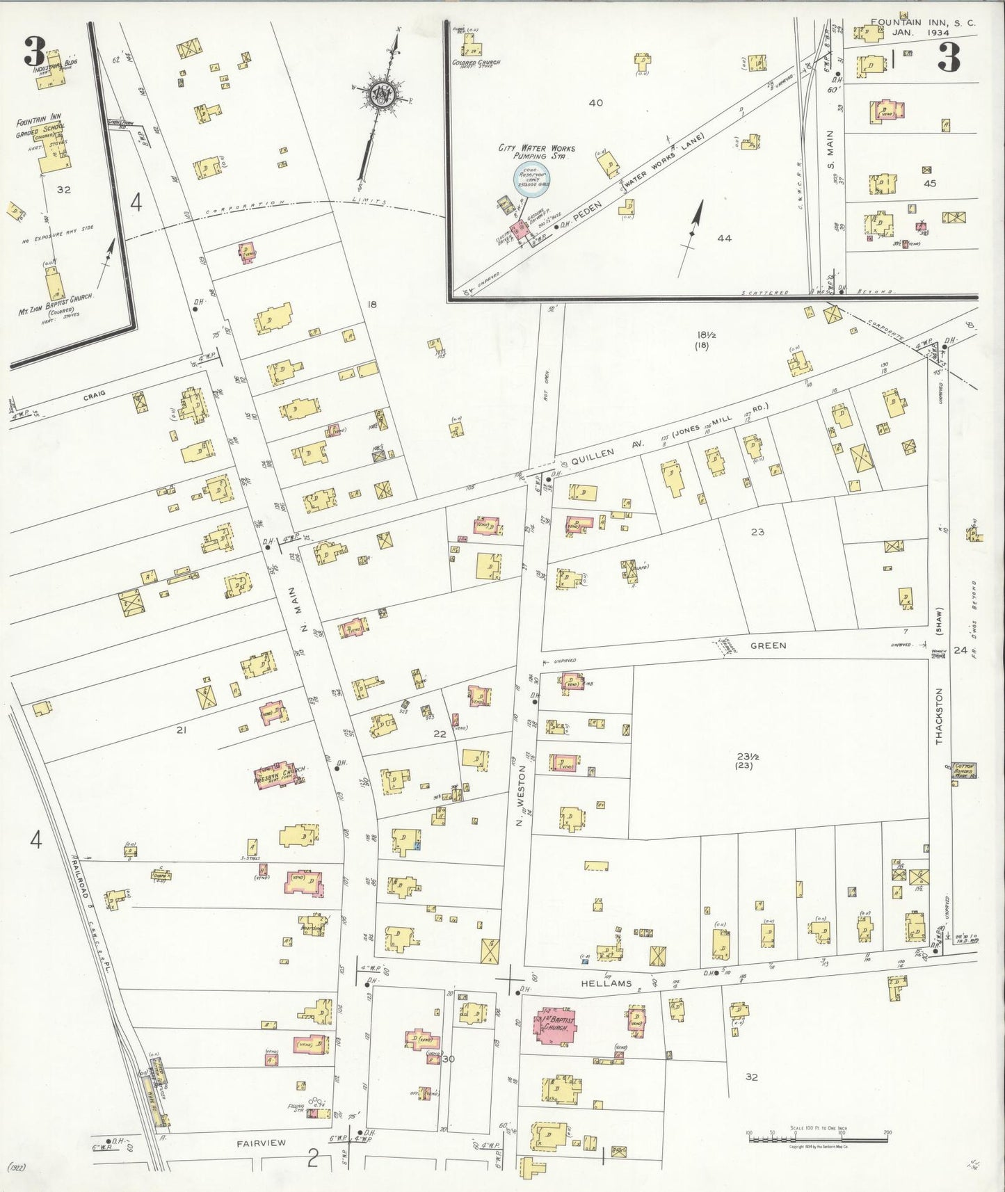 Sanborn Fire Insurance Map from Fountain Inn, Greenville And Laurens County, South Carolina (1934), Sheet #0003 - Historic Sanborn Fire Insurance Map Print, vintage old map wall art, antique decor, genealogy gift, South Carolina South Carolina map