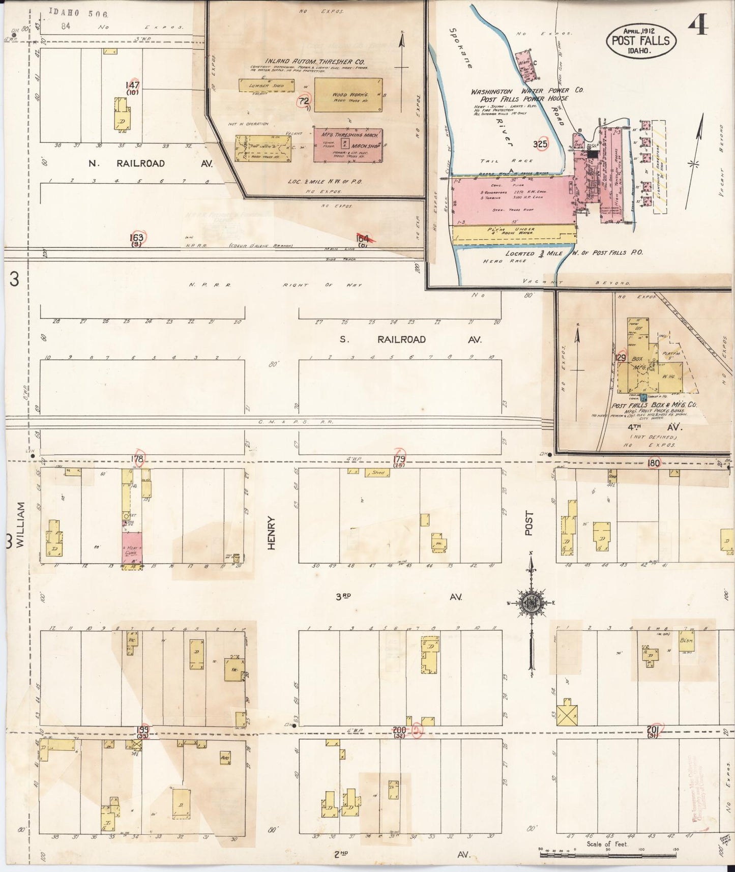 Sanborn Fire Insurance Map from Post Falls, Kootenai County, Idaho (1928), Sheet #0004 - Historic Sanborn Fire Insurance Map Print, vintage old map wall art, antique decor, genealogy gift, Idaho Idaho map