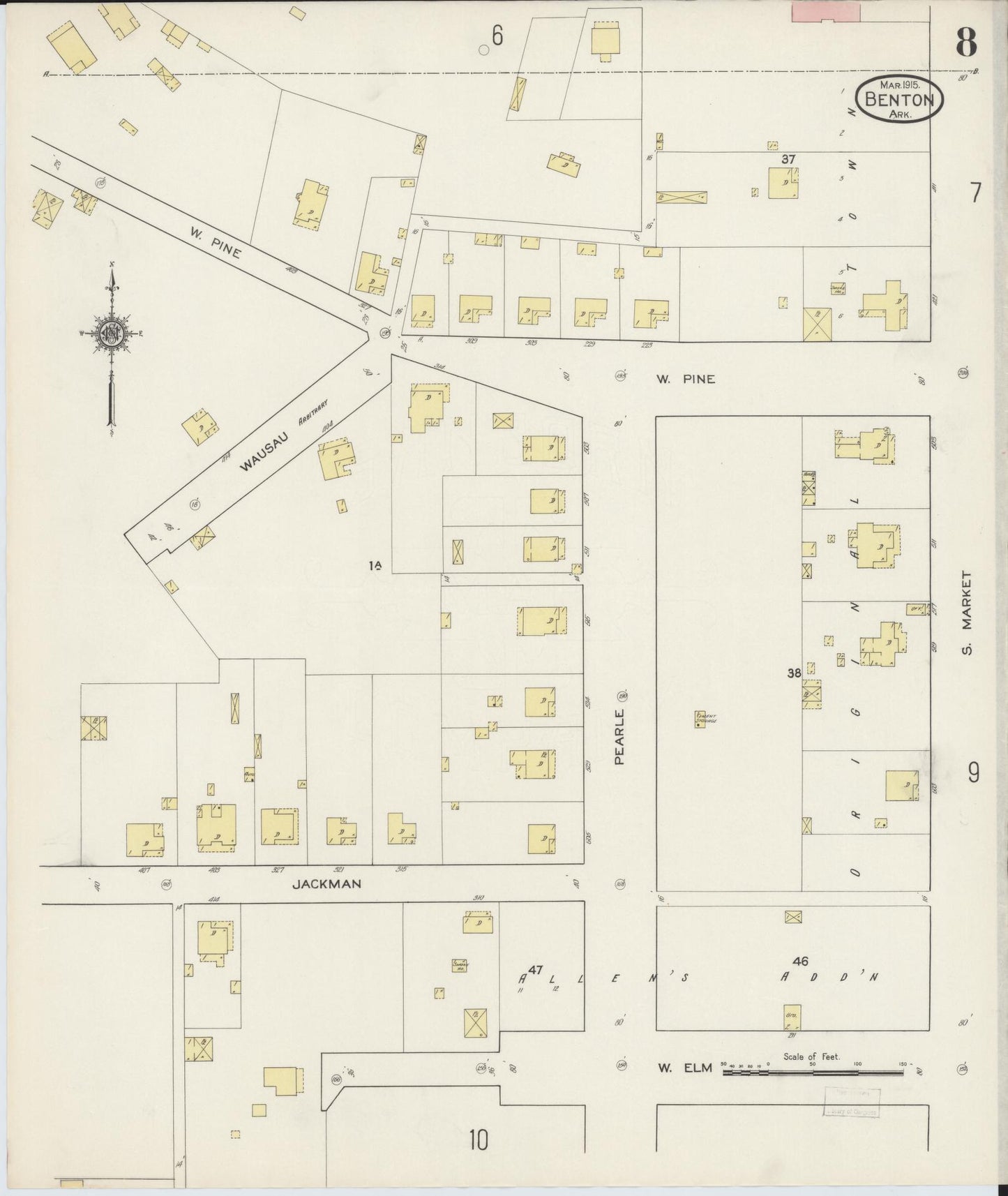 Sanborn Fire Insurance Map from Benton, Saline County, Arkansas (1915), Sheet #0008 - Historic Sanborn Fire Insurance Map Print, vintage old map wall art, antique decor, genealogy gift, Arkansas Arkansas map