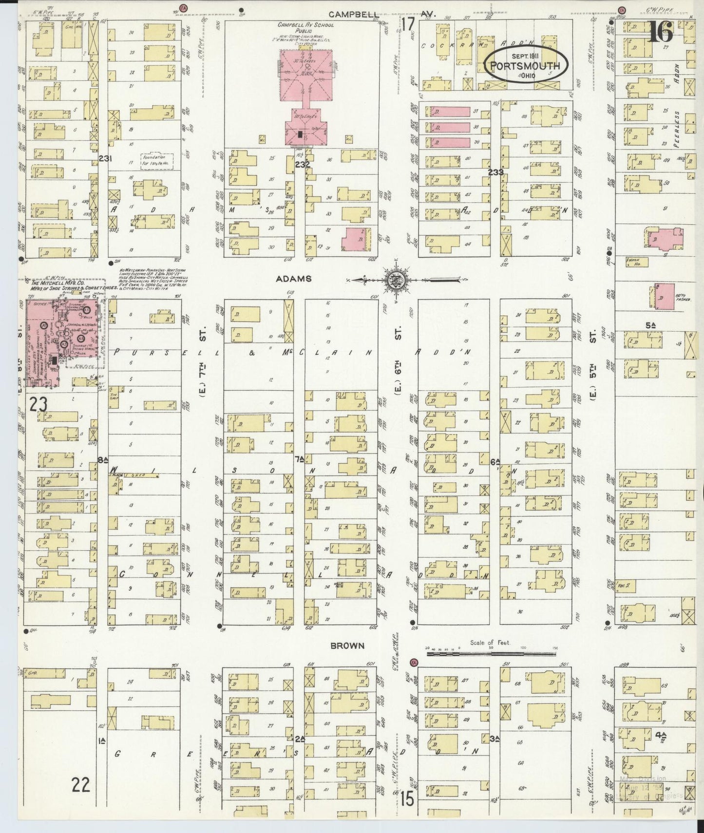 Sanborn Fire Insurance Map from Portsmouth, Scioto County, Ohio (1911), Sheet #0016 - Historic Sanborn Fire Insurance Map Print, vintage old map wall art, antique decor, genealogy gift, Ohio Ohio map
