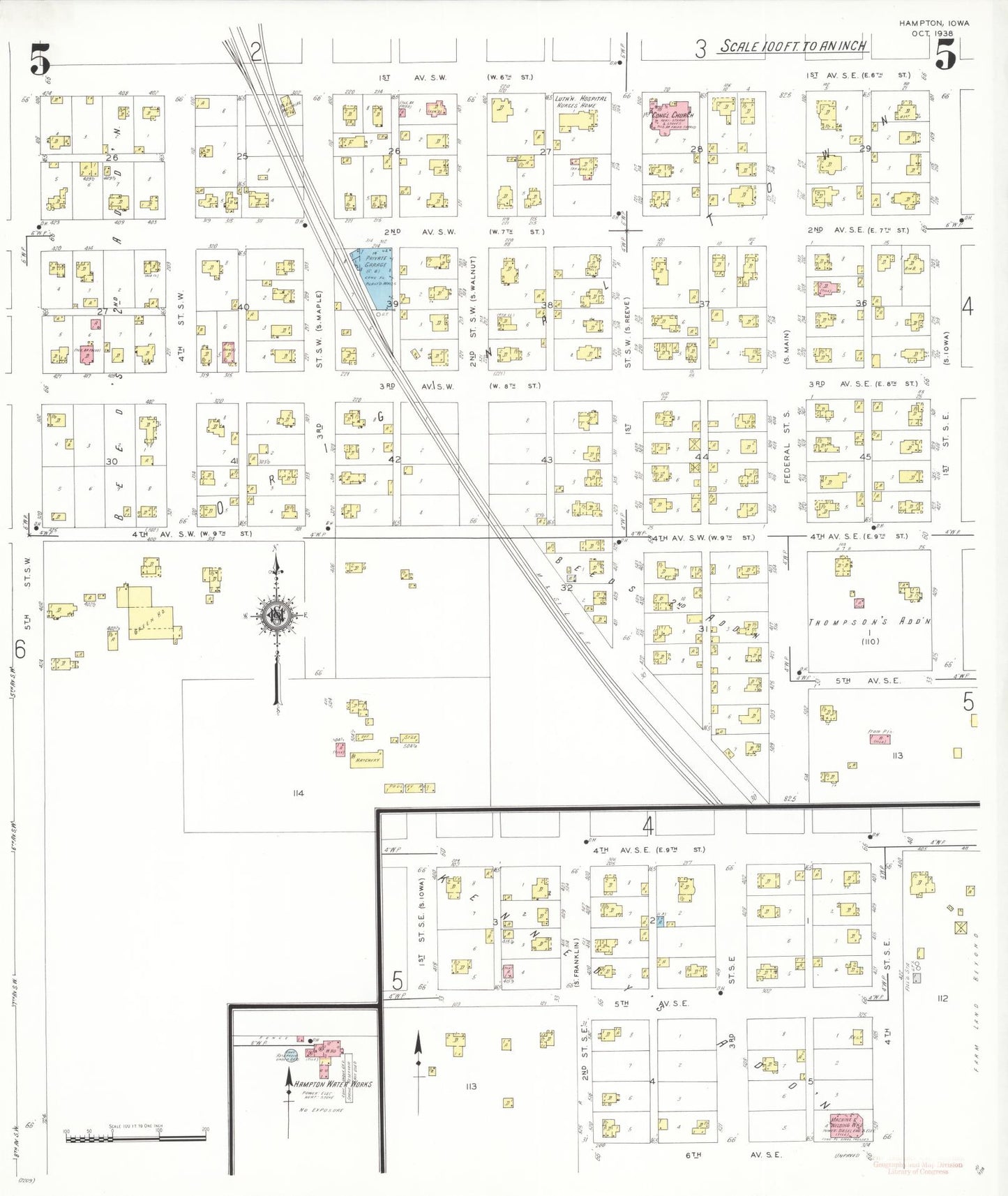 Sanborn Fire Insurance Map from Hampton, Franklin County, Iowa (1938), Sheet #0005 - Historic Sanborn Fire Insurance Map Print, vintage old map wall art