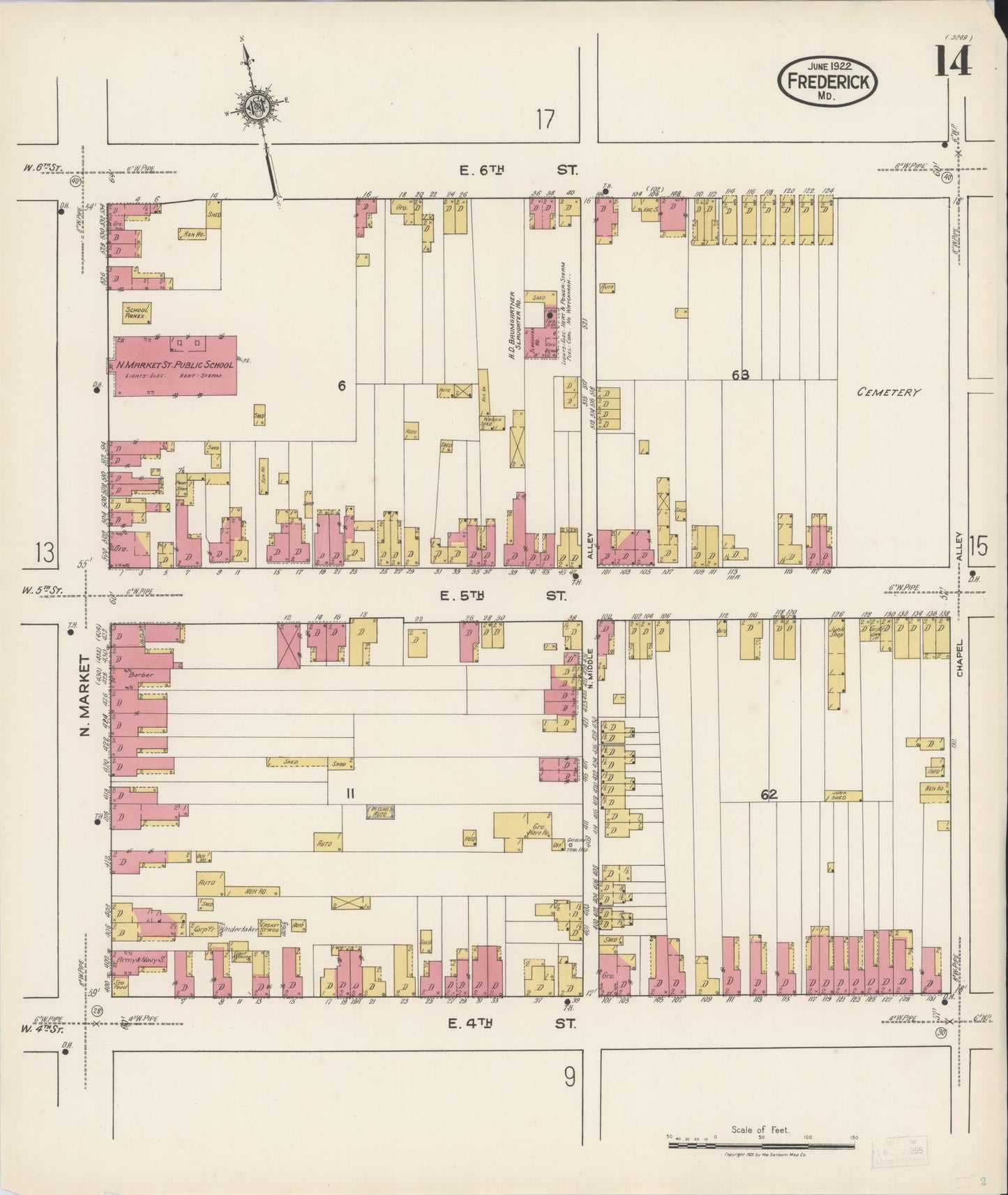 Sanborn Fire Insurance Map from Frederick, Frederick County, Maryland (1922), Sheet #0014 - Historic Sanborn Fire Insurance Map Print, vintage old map wall art