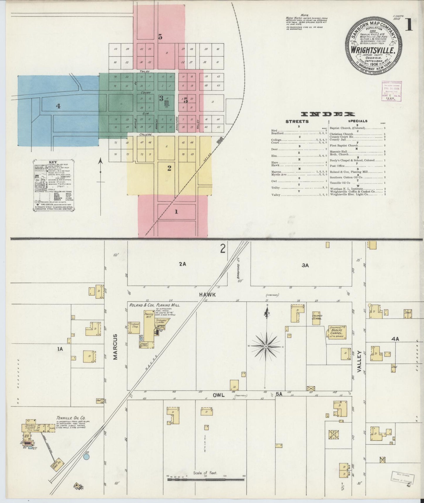 Sanborn Fire Insurance Map from Wrightsville, Johnson County, Georgia (1906), Sheet #0001 - Historic Sanborn Fire Insurance Map Print, vintage old map wall art, antique decor, genealogy gift, Georgia Georgia map