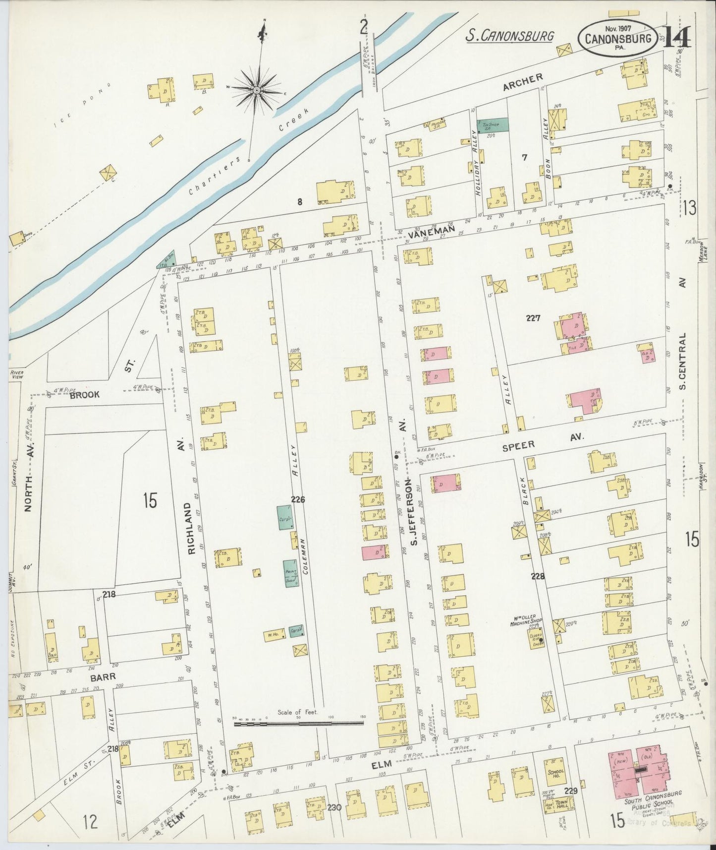 Sanborn Fire Insurance Map from Canonsburg, Washington County, Pennsylvania (1907), Sheet #0014 - Historic Sanborn Fire Insurance Map Print, vintage old map wall art, antique decor, genealogy gift, Pennsylvania Pennsylvania map