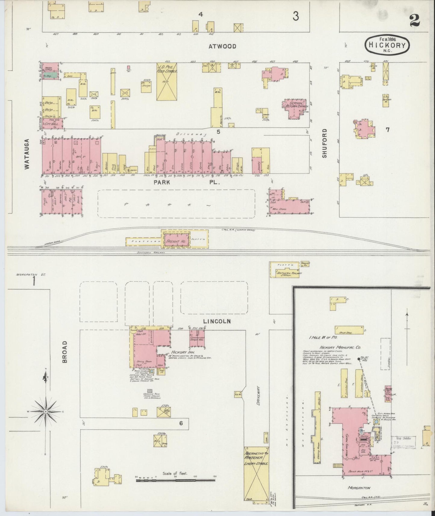 Sanborn Fire Insurance Map from Hickory, Catawba County, North Carolina (1896), Sheet #0002 - Historic Sanborn Fire Insurance Map Print, vintage old map wall art, antique decor, genealogy gift, North Carolina North Carolina map