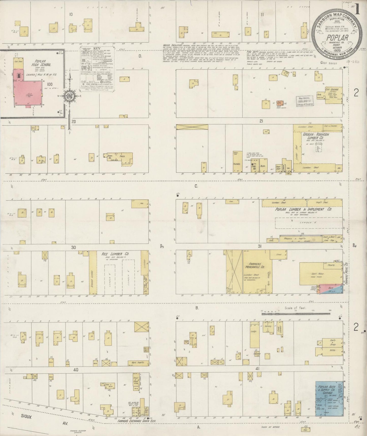 Sanborn Fire Insurance Map from Poplar, Roosevelt County, Montana (1920), Sheet #0001 - Historic Sanborn Fire Insurance Map Print, vintage old map wall art, antique decor, genealogy gift, Montana Montana map