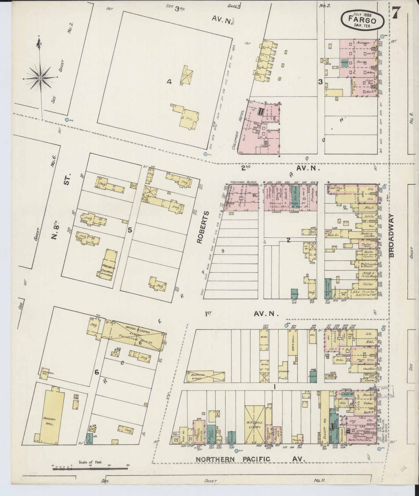 Sanborn Fire Insurance Map from Fargo, Cass County, North Dakota (1888), Sheet #0007 - Historic Sanborn Fire Insurance Map Print, vintage old map wall art, antique decor, genealogy gift, North Dakota North Dakota map