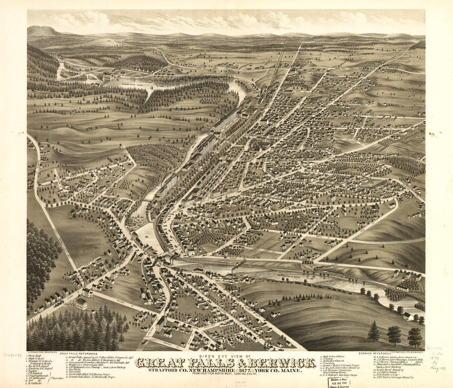 Bird's eye view of Great Falls, Strafford Co., New Hampshire & Berwick, York Co., Maine 1877. (1877) – Historic Bird’s-Eye View Panorama Print