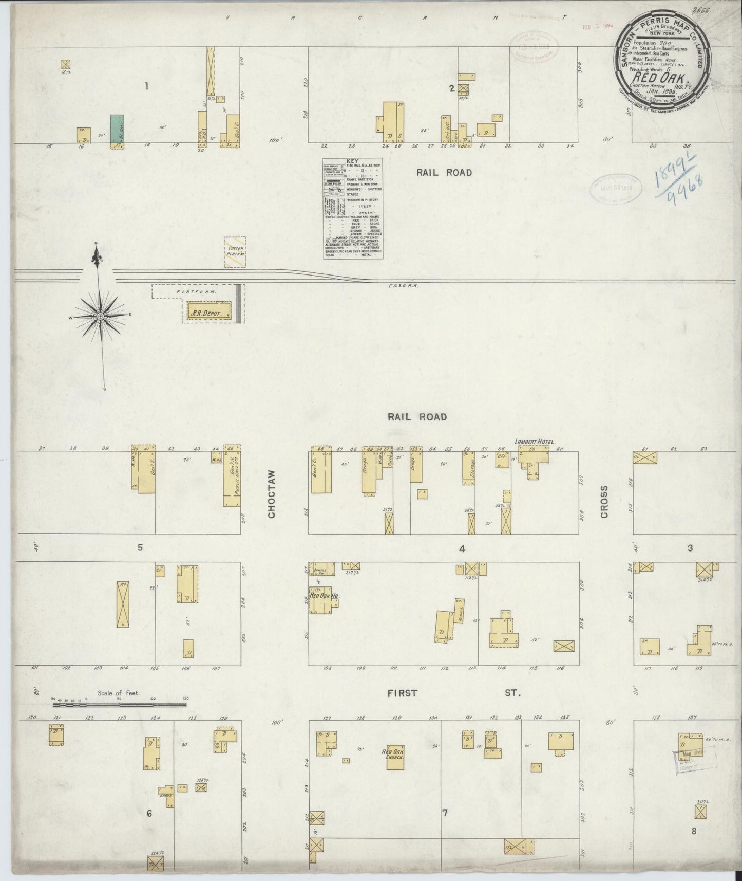 Sanborn Fire Insurance Map from Red Oak, Latimer County, Oklahoma (1899), Sheet #0001 - Historic Sanborn Fire Insurance Map Print, vintage old map wall art, antique decor, genealogy gift, Oklahoma Oklahoma map