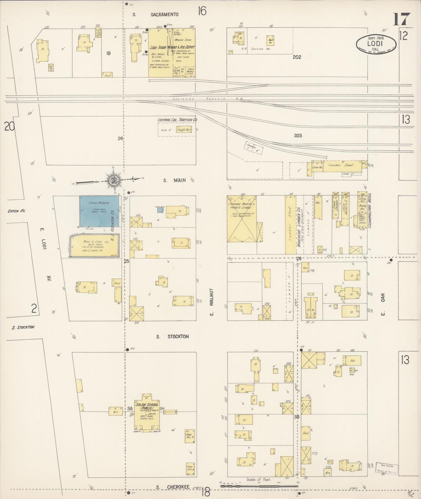 Sanborn Fire Insurance Map from Lodi, San Joaquin County, California (1916), Sheet #0017 - Historic Sanborn Fire Insurance Map Print, vintage old map wall art, antique decor, genealogy gift, California California map
