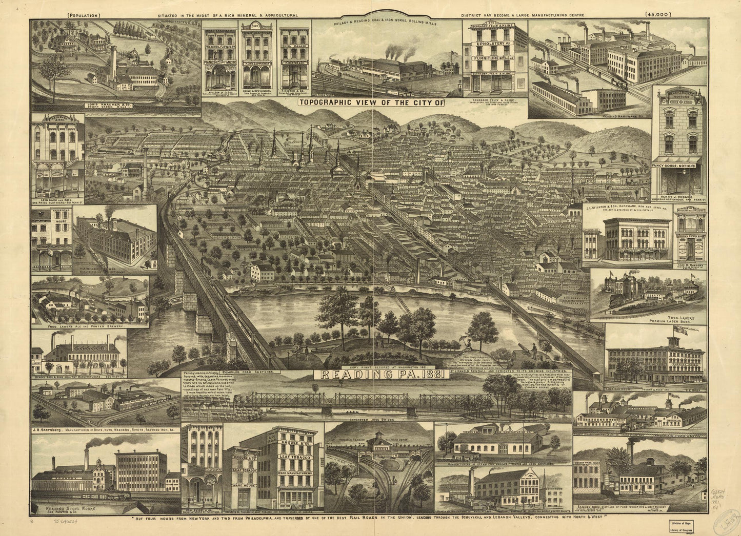 Topographic view of the city of Reading, Pa. 1881. (1881) – Historic Bird’s-Eye View Panorama Print