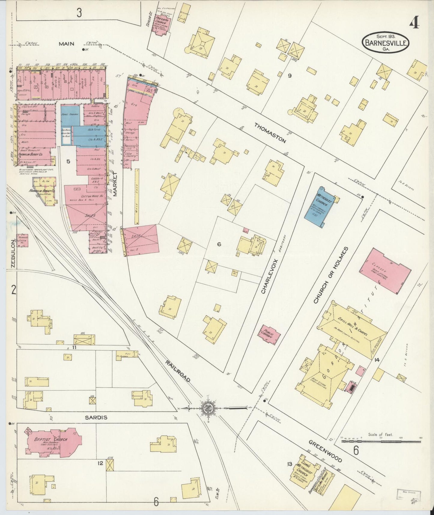 Sanborn Fire Insurance Map from Barnesville, Lamar County, Georgia (1913), Sheet #0004 - Historic Sanborn Fire Insurance Map Print, vintage old map wall art, antique decor, genealogy gift, Georgia Georgia map