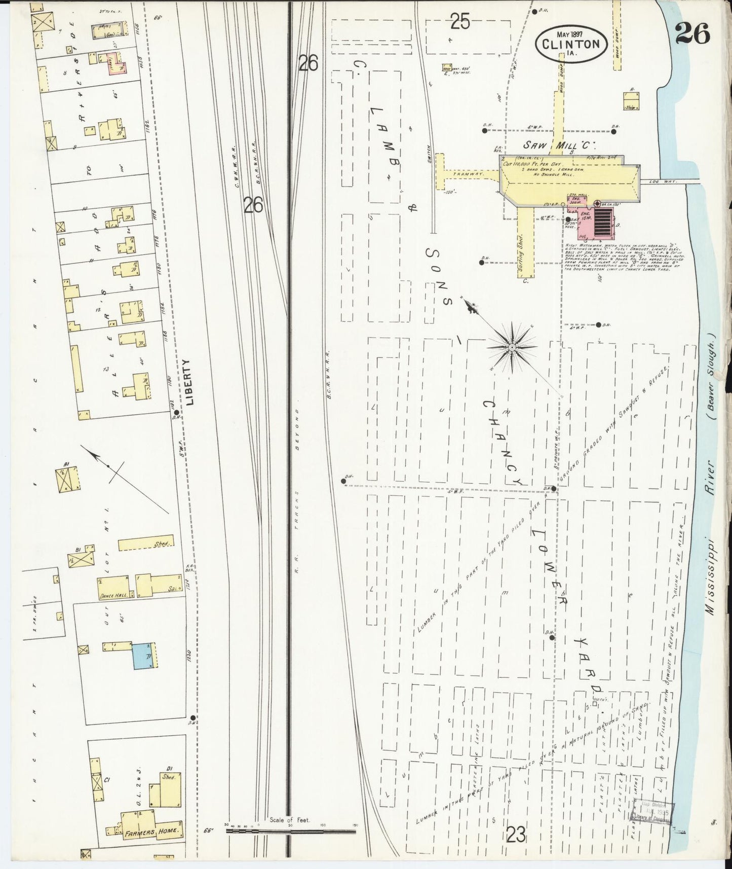 Sanborn Fire Insurance Map from Clinton, Clinton County, Iowa (1897), Sheet #0026 - Historic Sanborn Fire Insurance Map Print, vintage old map wall art