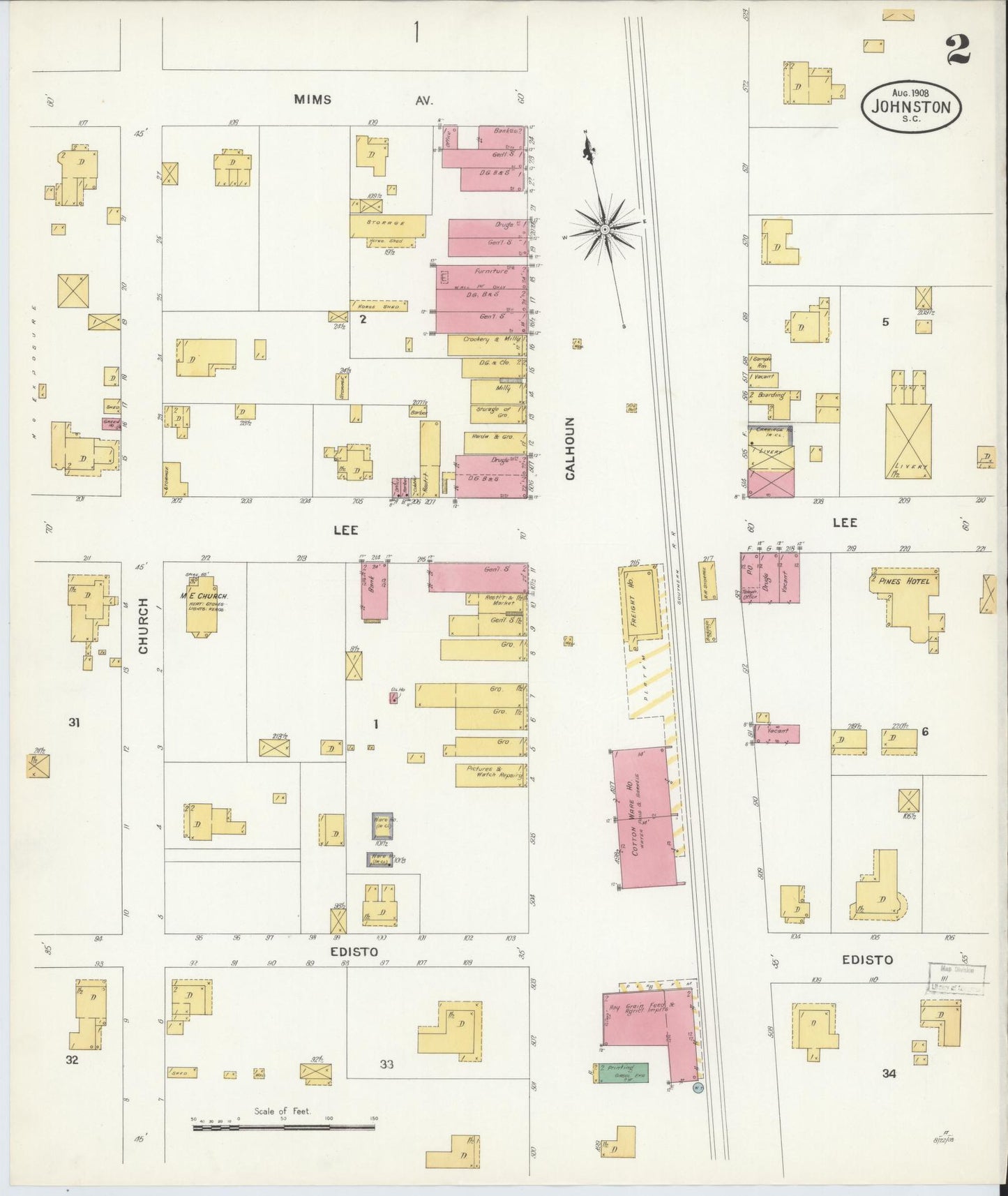 Sanborn Fire Insurance Map from Johnston, Edgefield County, South Carolina (1908), Sheet #0002 - Historic Sanborn Fire Insurance Map Print, vintage old map wall art, antique decor, genealogy gift, South Carolina South Carolina map