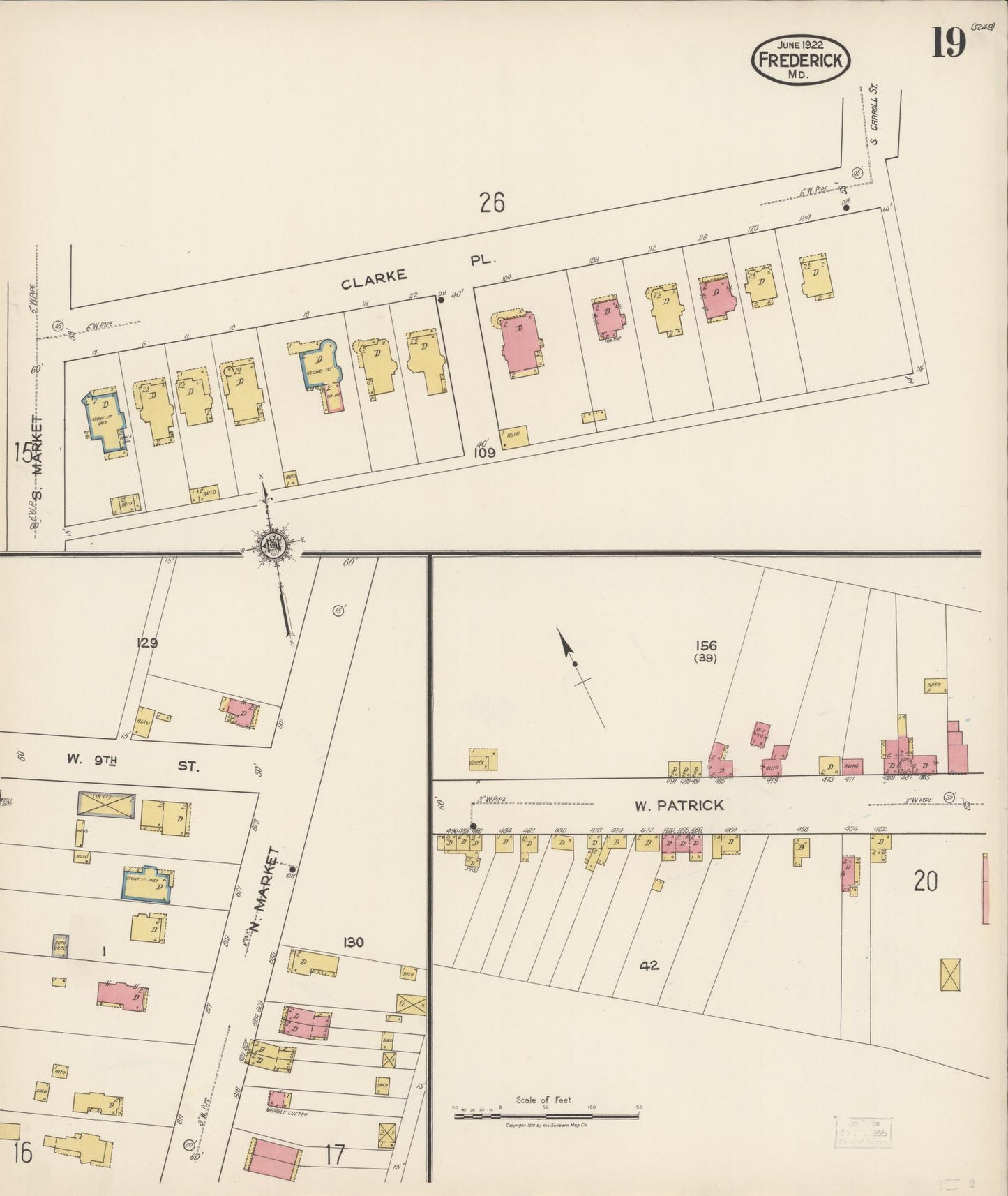 Sanborn Fire Insurance Map from Frederick, Frederick County, Maryland (1922), Sheet #0019 - Historic Sanborn Fire Insurance Map Print, vintage old map wall art