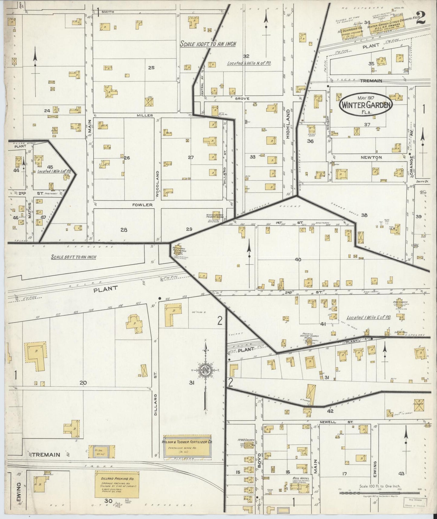 Sanborn Fire Insurance Map from Winter Garden, Orange County, Florida (1917), Sheet #0002 - Complete Map Set gallery image, historic Sanborn map, vintage wall art, Florida Florida
