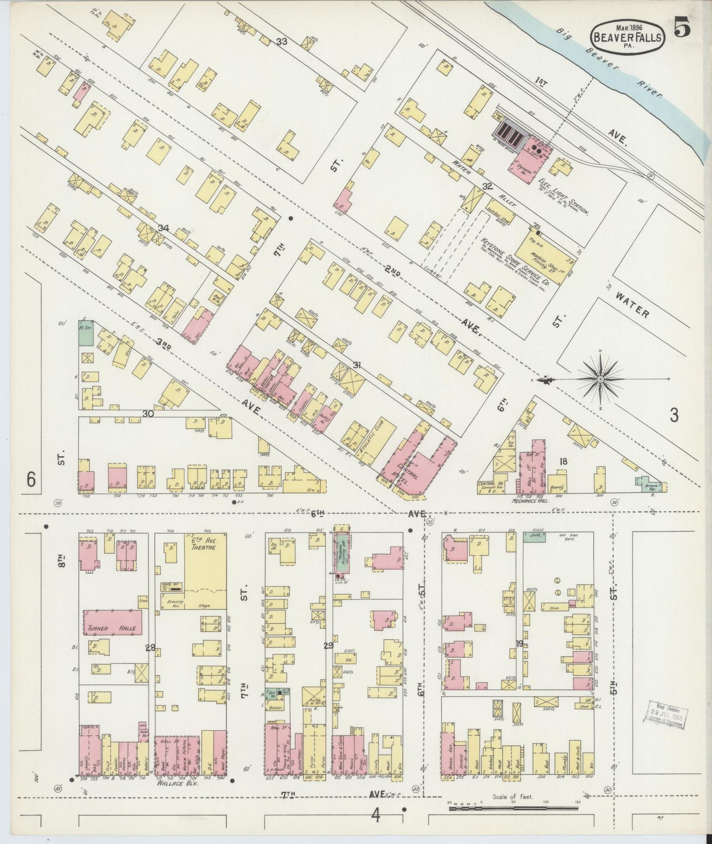 Sanborn Fire Insurance Map from Beaver Falls, Beaver County, Pennsylvania (1896), Sheet #0005 - Historic Sanborn Fire Insurance Map Print, vintage old map wall art, antique decor, genealogy gift, Pennsylvania Pennsylvania map