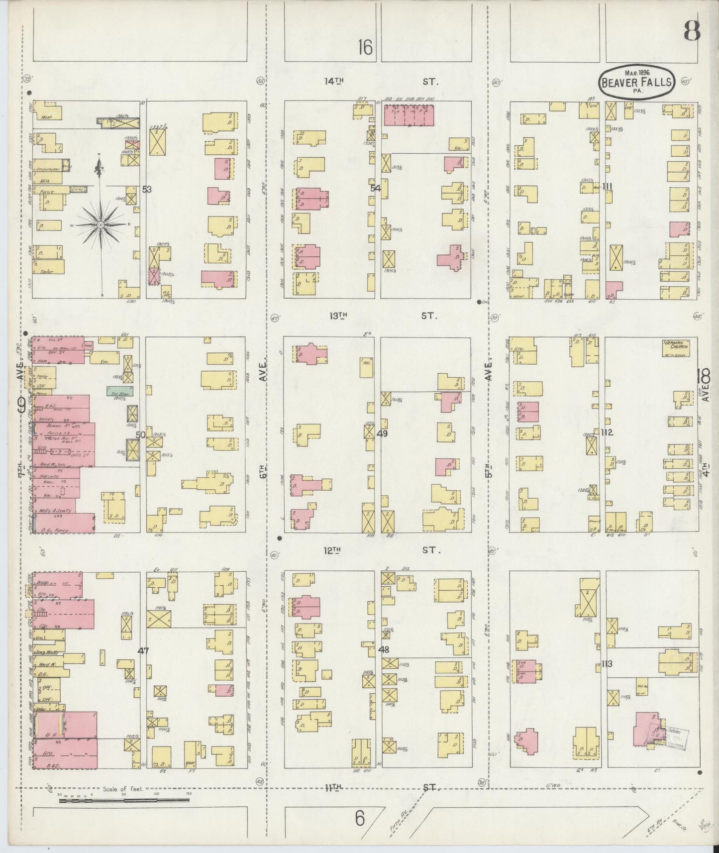 Sanborn Fire Insurance Map from Beaver Falls, Beaver County, Pennsylvania (1896), Sheet #0008 - Historic Sanborn Fire Insurance Map Print, vintage old map wall art, antique decor, genealogy gift, Pennsylvania Pennsylvania map